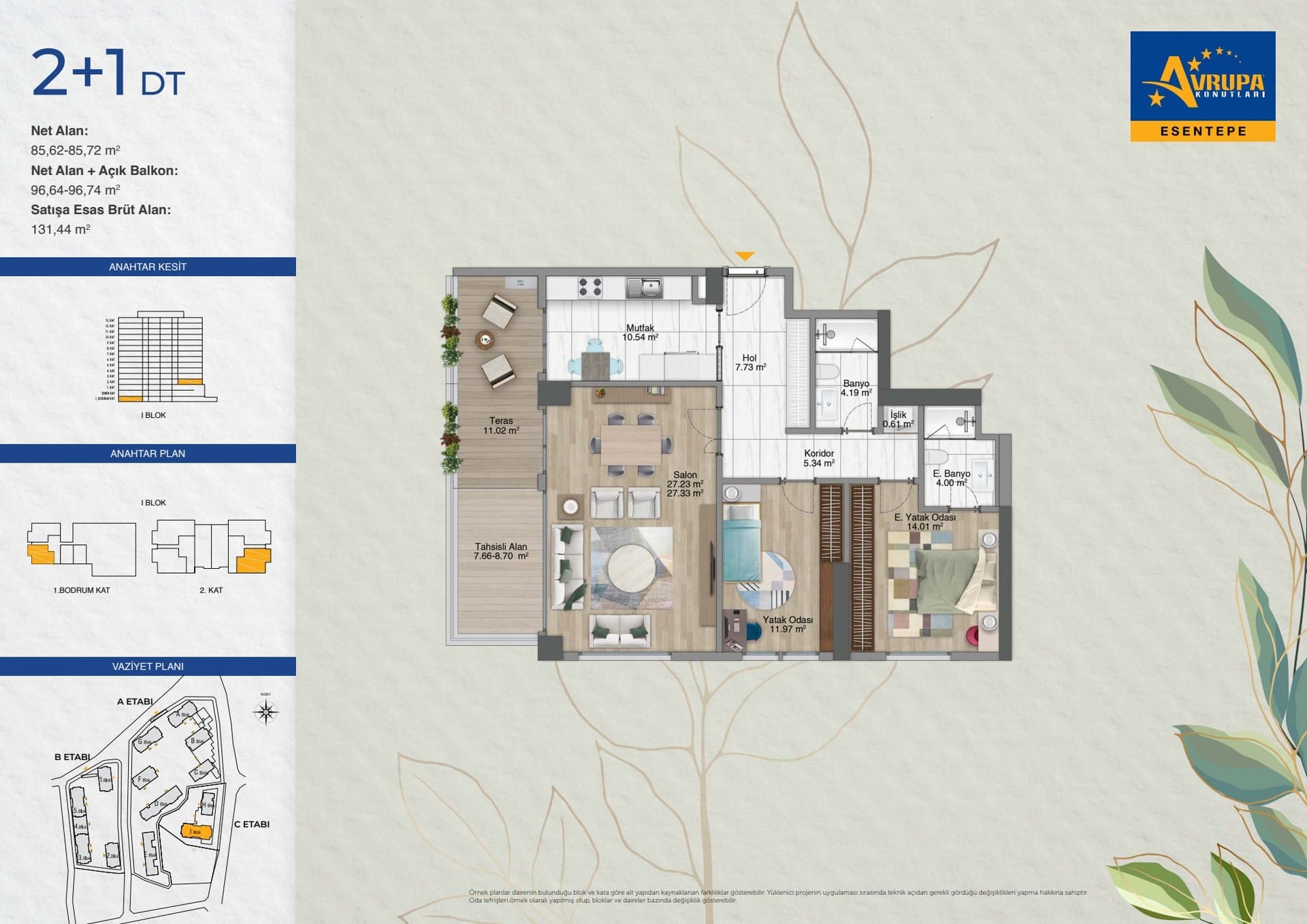 Avrupa Konutlari Esentepe Project – 2+1 Type DT, with Terrace floor plan