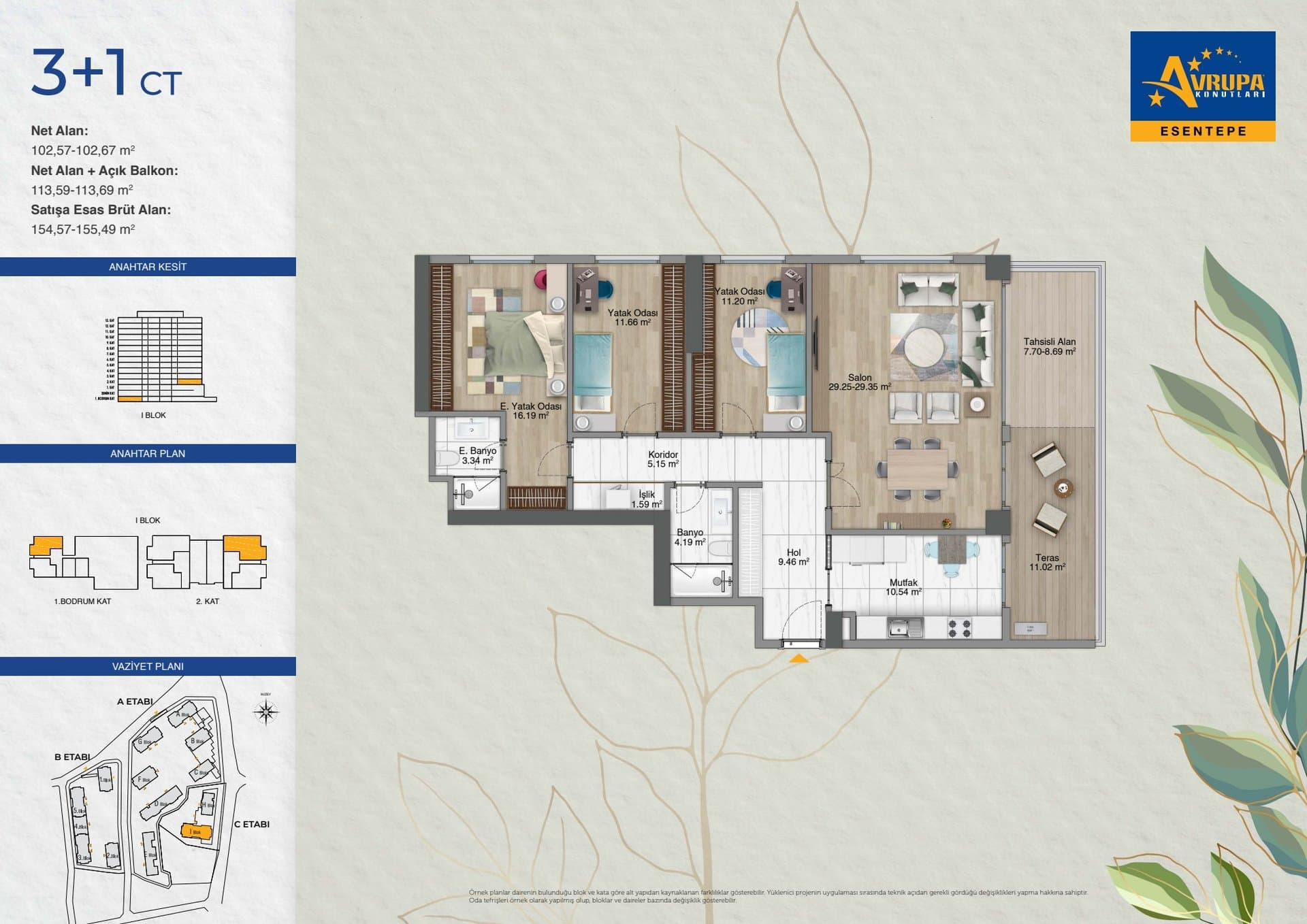 Avrupa Konutlari Esentepe Project – 3+1 Type CT, with Terrace floor plan