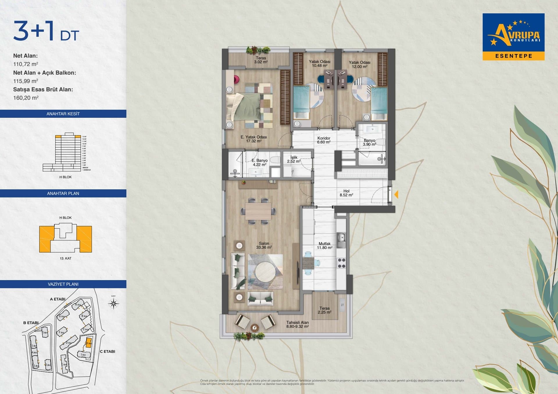 Avrupa Konutlari Esentepe Project – 3+1 Type DT, Top Floor with Terrace floor plan