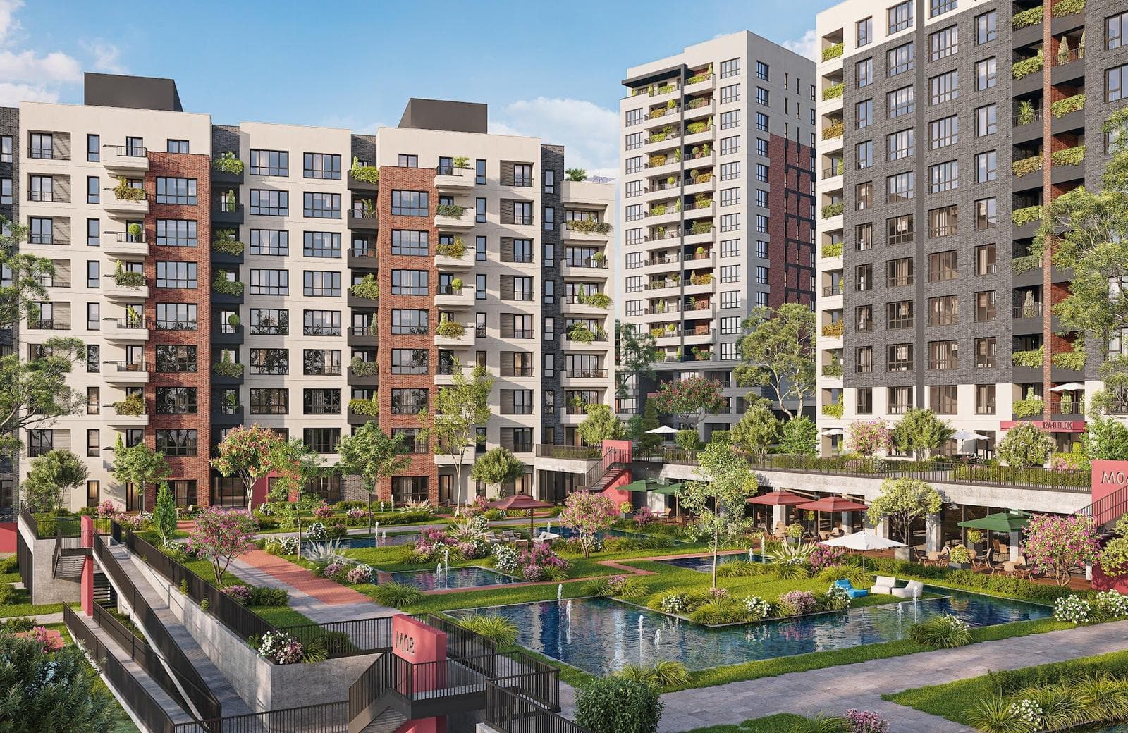 Courtyard with reflecting pools, flower beds and footpaths between brick and stone-clad residential blocks