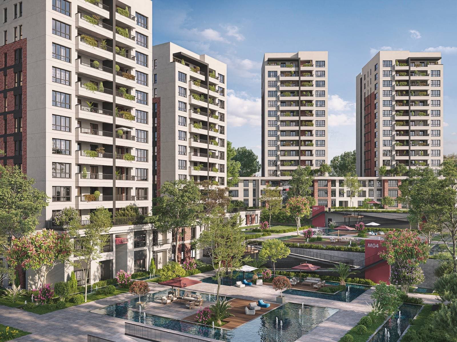 Residential towers overlooking a courtyard with pools, wooden decks, sun loungers and parasols