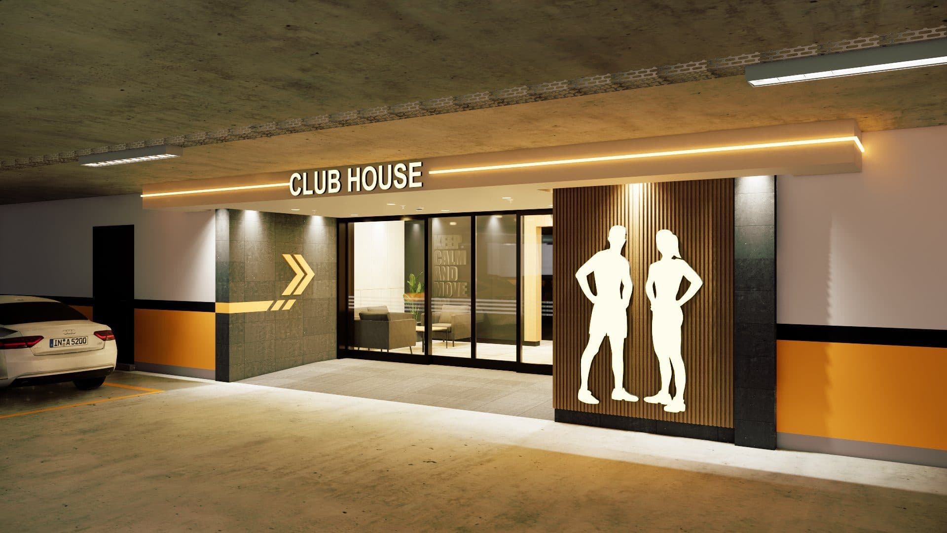 Club house entrance on the parking level, with a glass front and wood-slat wall
