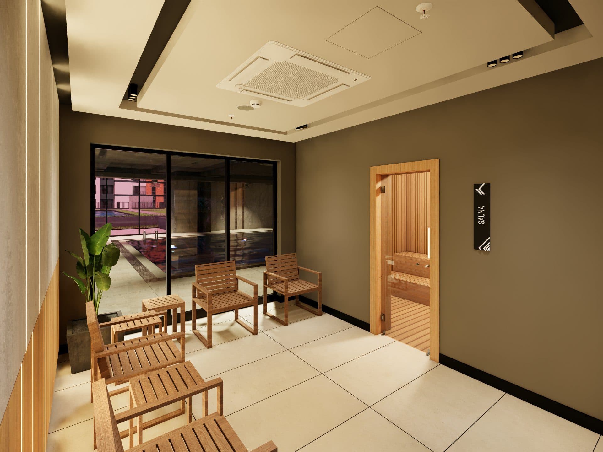 Sauna and lounge in the club house, with the indoor swimming pool visible through the glass