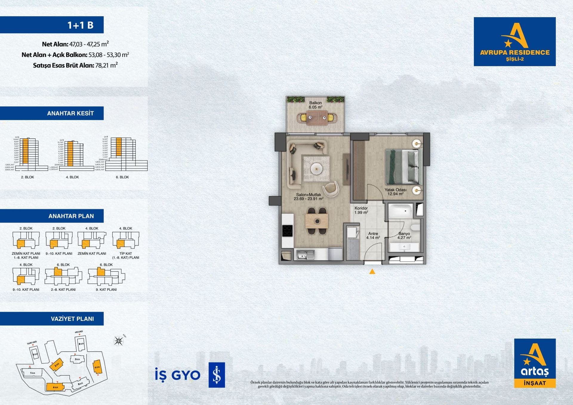 پروژه Avrupa Residence Sisli 2 – پلان 1+1 Type B