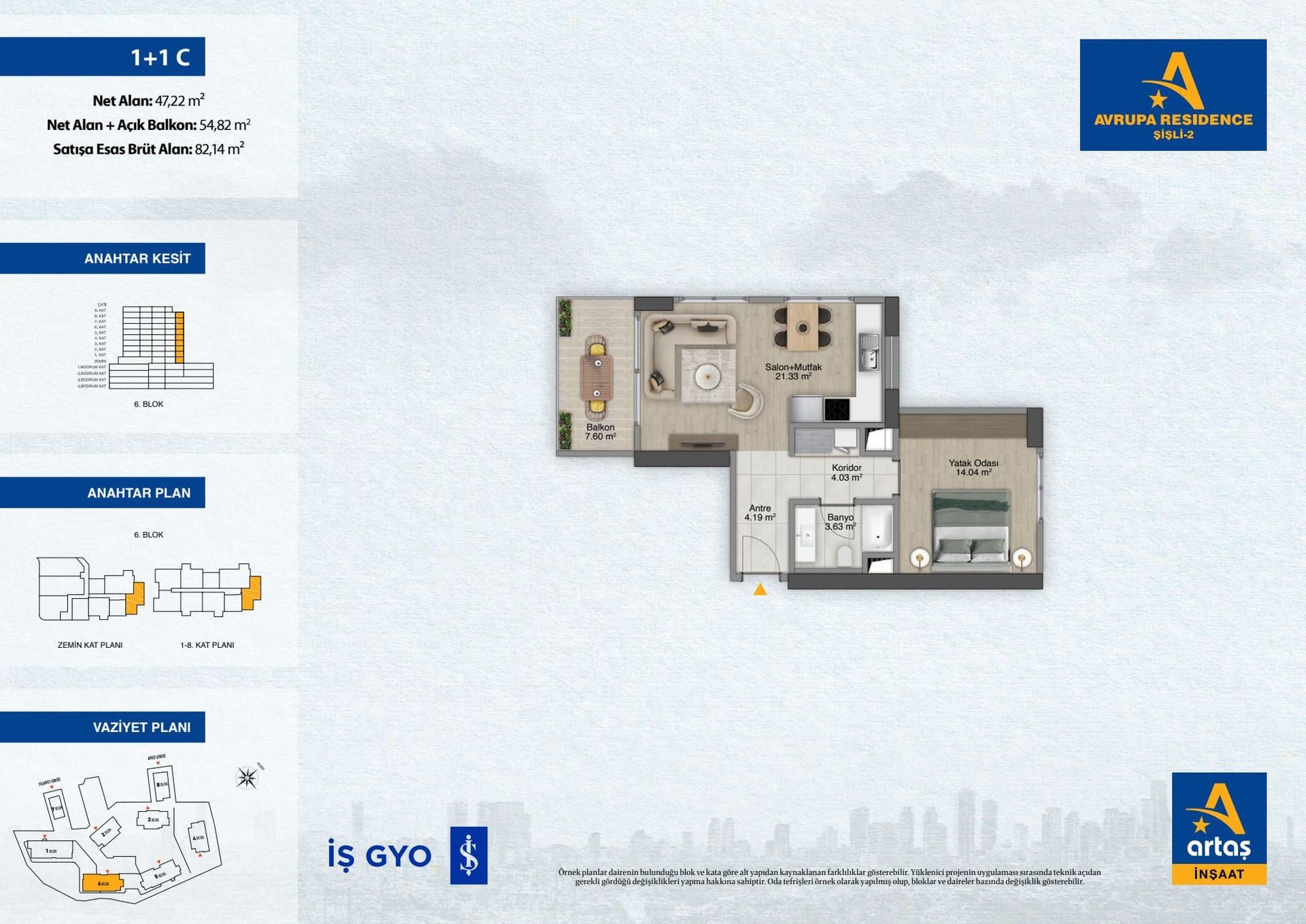 پروژه Avrupa Residence Sisli 2 – پلان 1+1 Type C