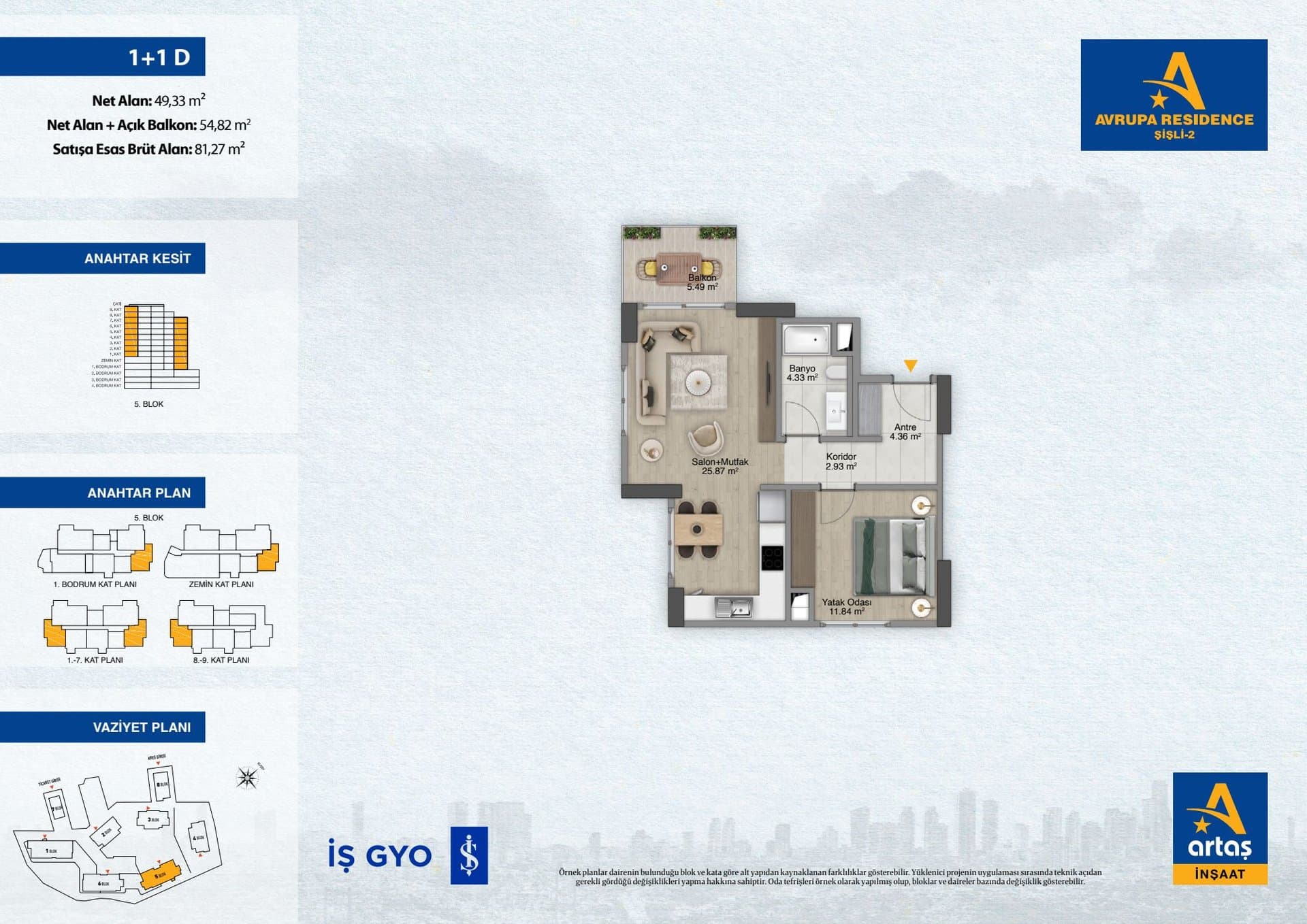 پروژه Avrupa Residence Sisli 2 – پلان 1+1 Type D
