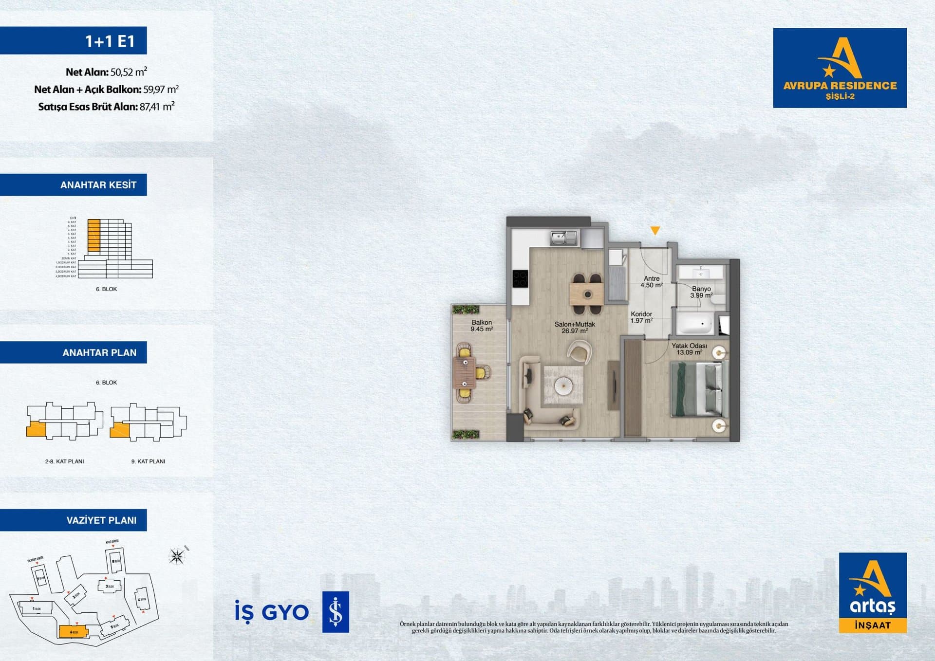 پروژه Avrupa Residence Sisli 2 – پلان 1+1 Type E1