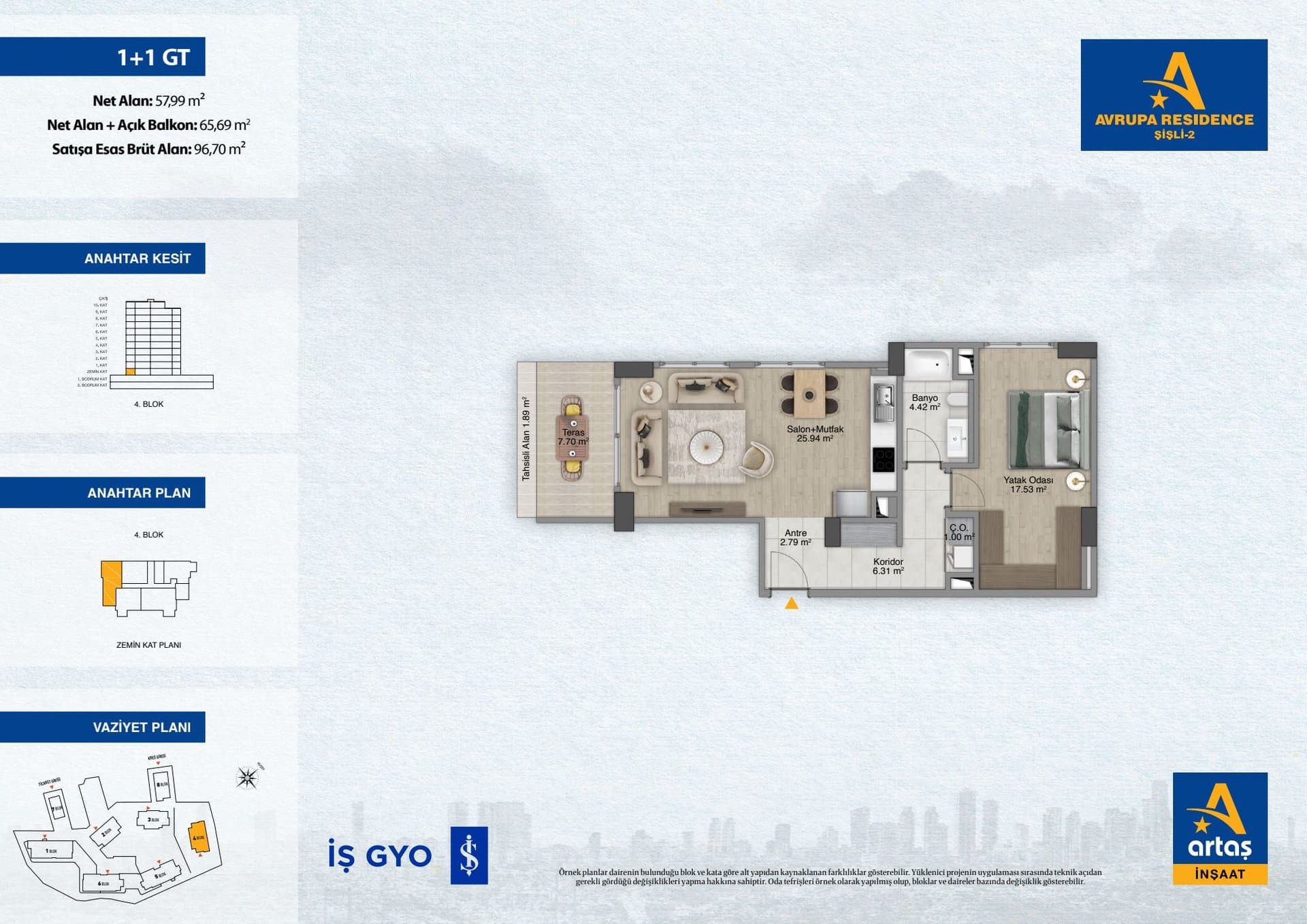 پروژه Avrupa Residence Sisli 2 – پلان 1+1 Type GT