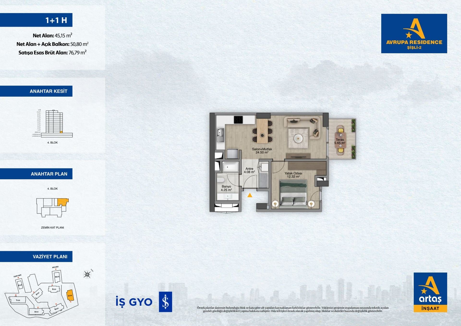 پروژه Avrupa Residence Sisli 2 – پلان 1+1 Type H