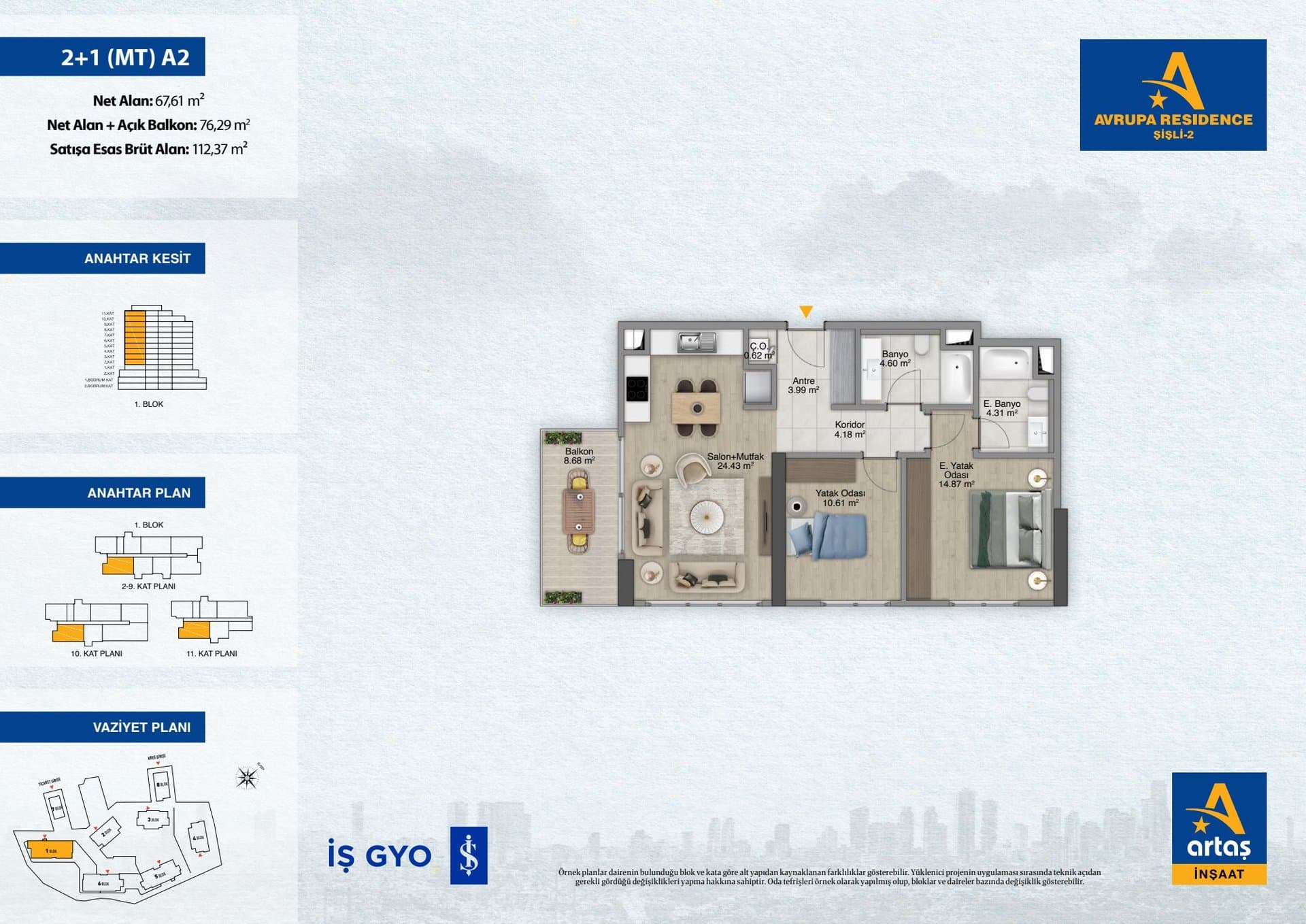 پروژه Avrupa Residence Sisli 2 – پلان 2+1 Type A2 (open-plan kitchen)