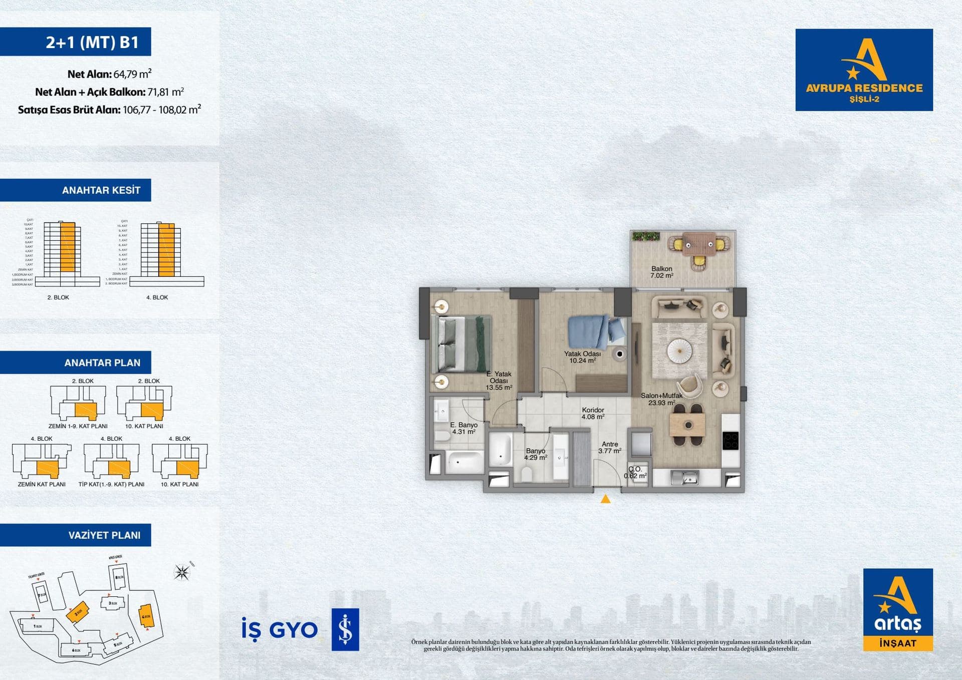 پروژه Avrupa Residence Sisli 2 – پلان 2+1 Type B1 (open-plan kitchen)