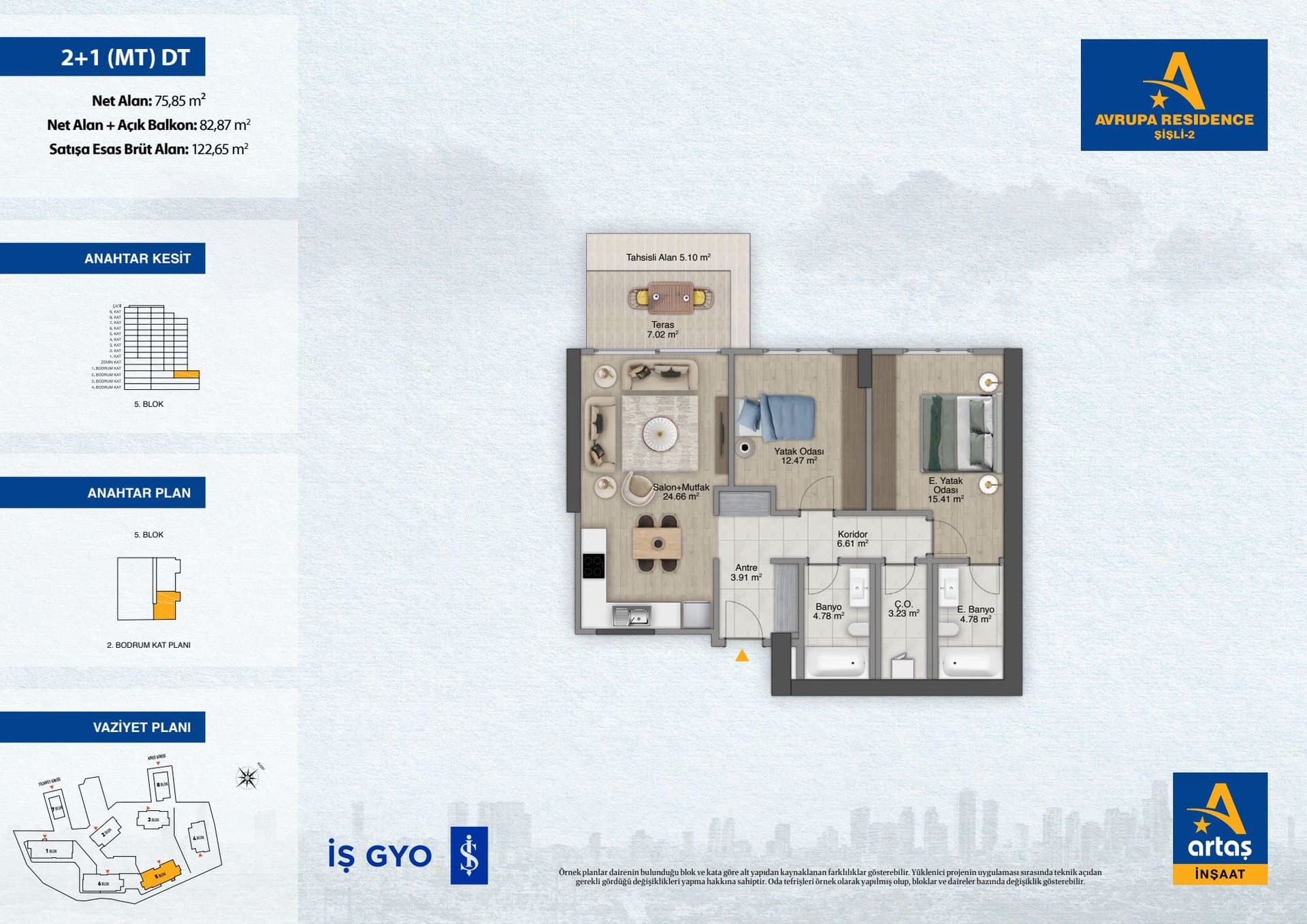پروژه Avrupa Residence Sisli 2 – پلان 2+1 Type DT (open-plan kitchen)