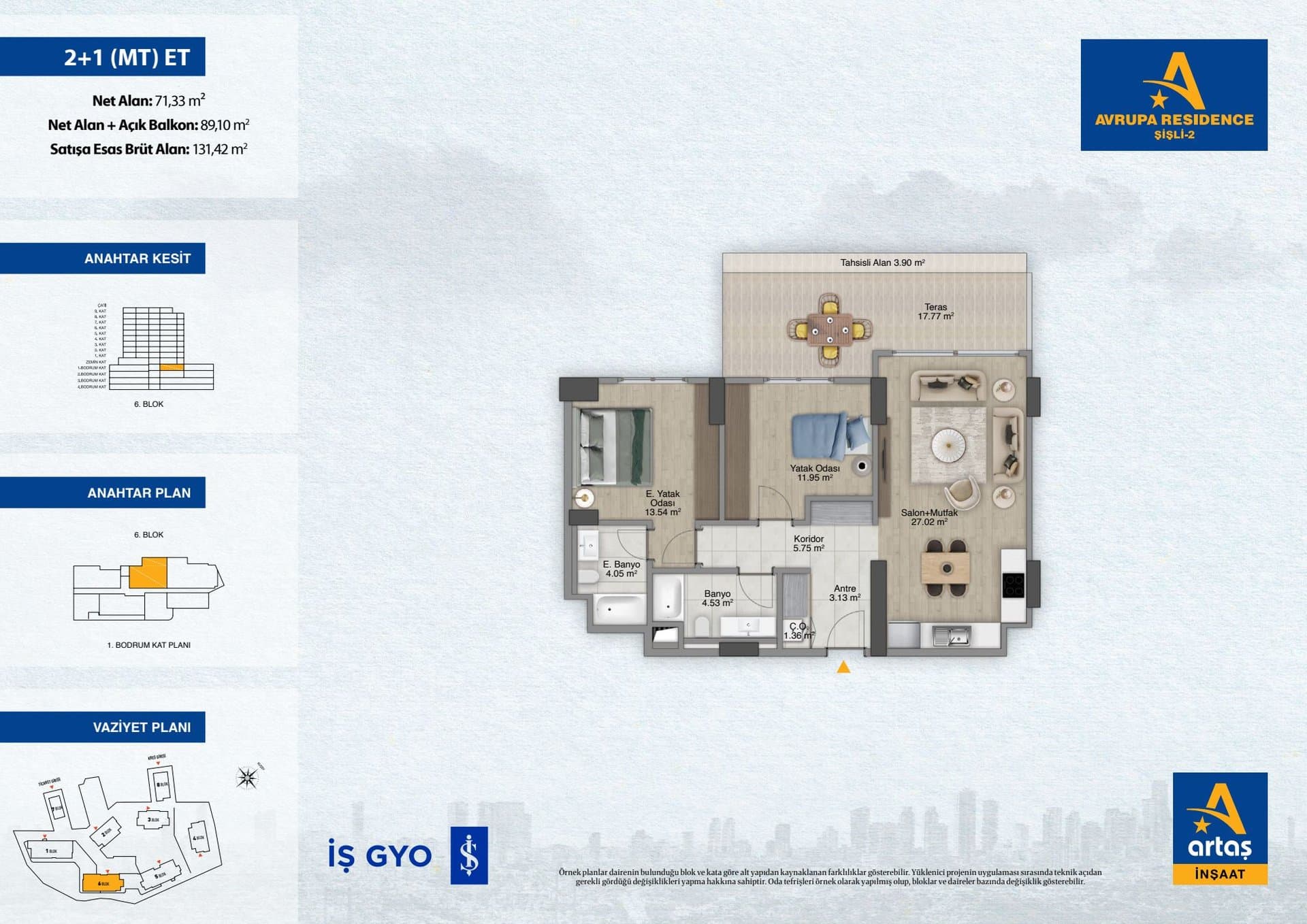 پروژه Avrupa Residence Sisli 2 – پلان 2+1 Type ET (open-plan kitchen)