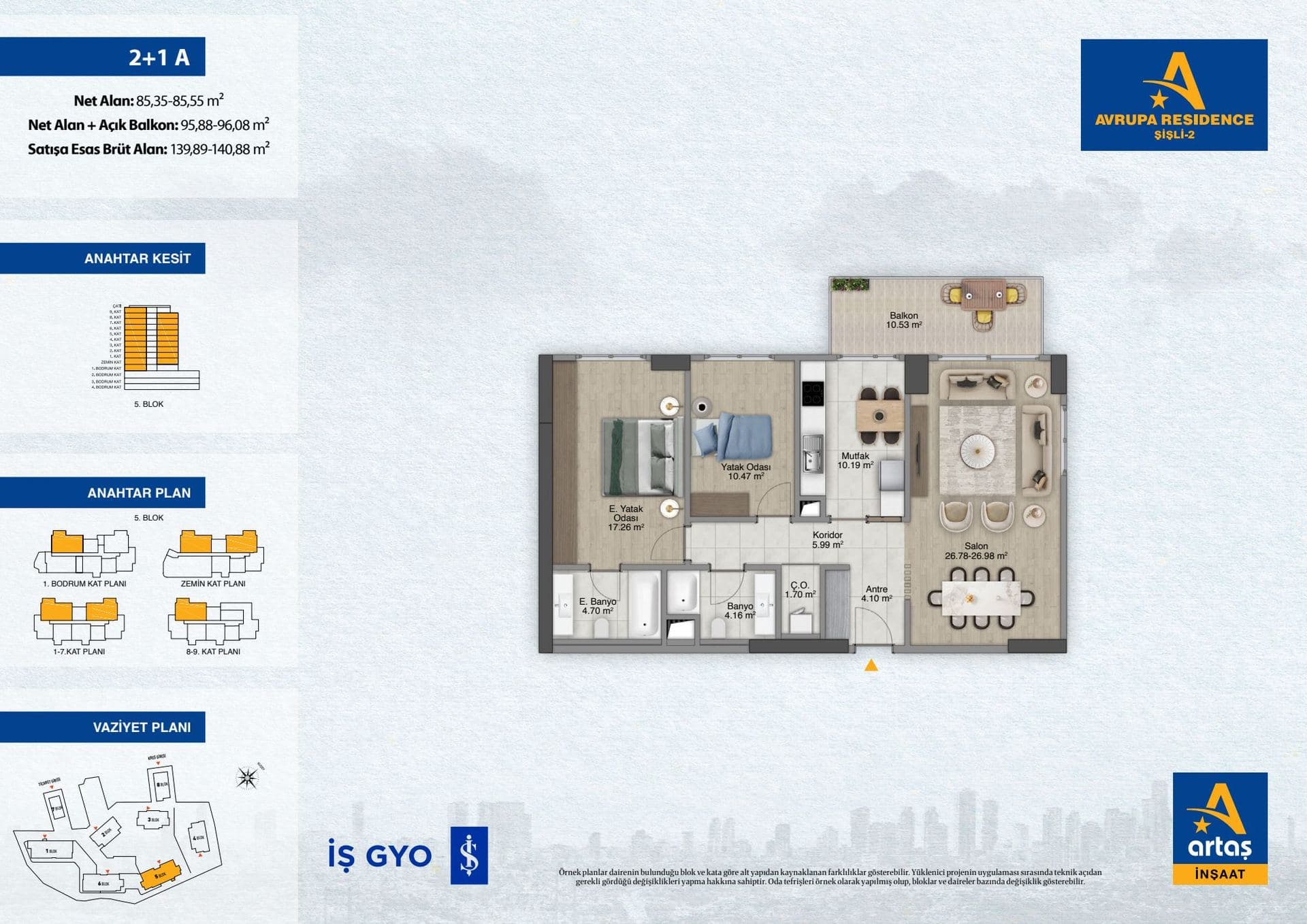 پروژه Avrupa Residence Sisli 2 – پلان 2+1 Type A (separate kitchen)