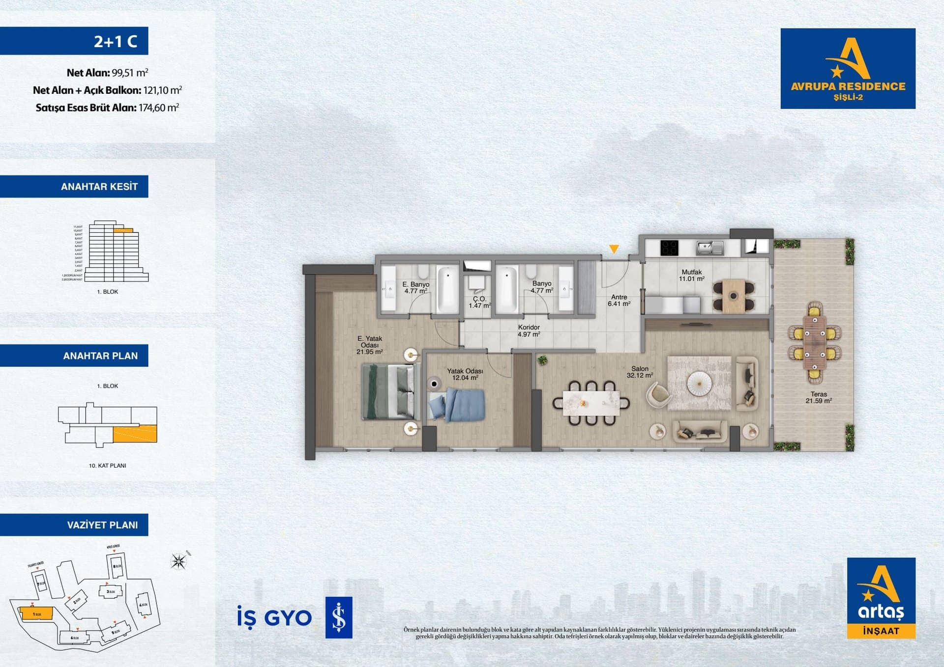 پروژه Avrupa Residence Sisli 2 – پلان 2+1 Type C (separate kitchen)