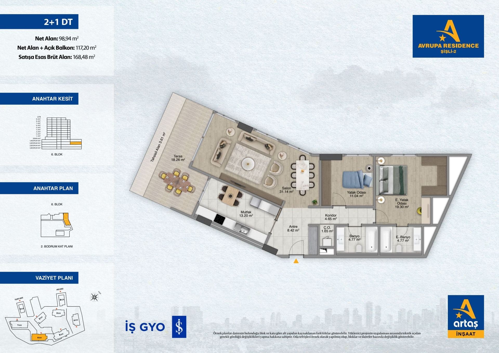 پروژه Avrupa Residence Sisli 2 – پلان 2+1 Type DT (separate kitchen)
