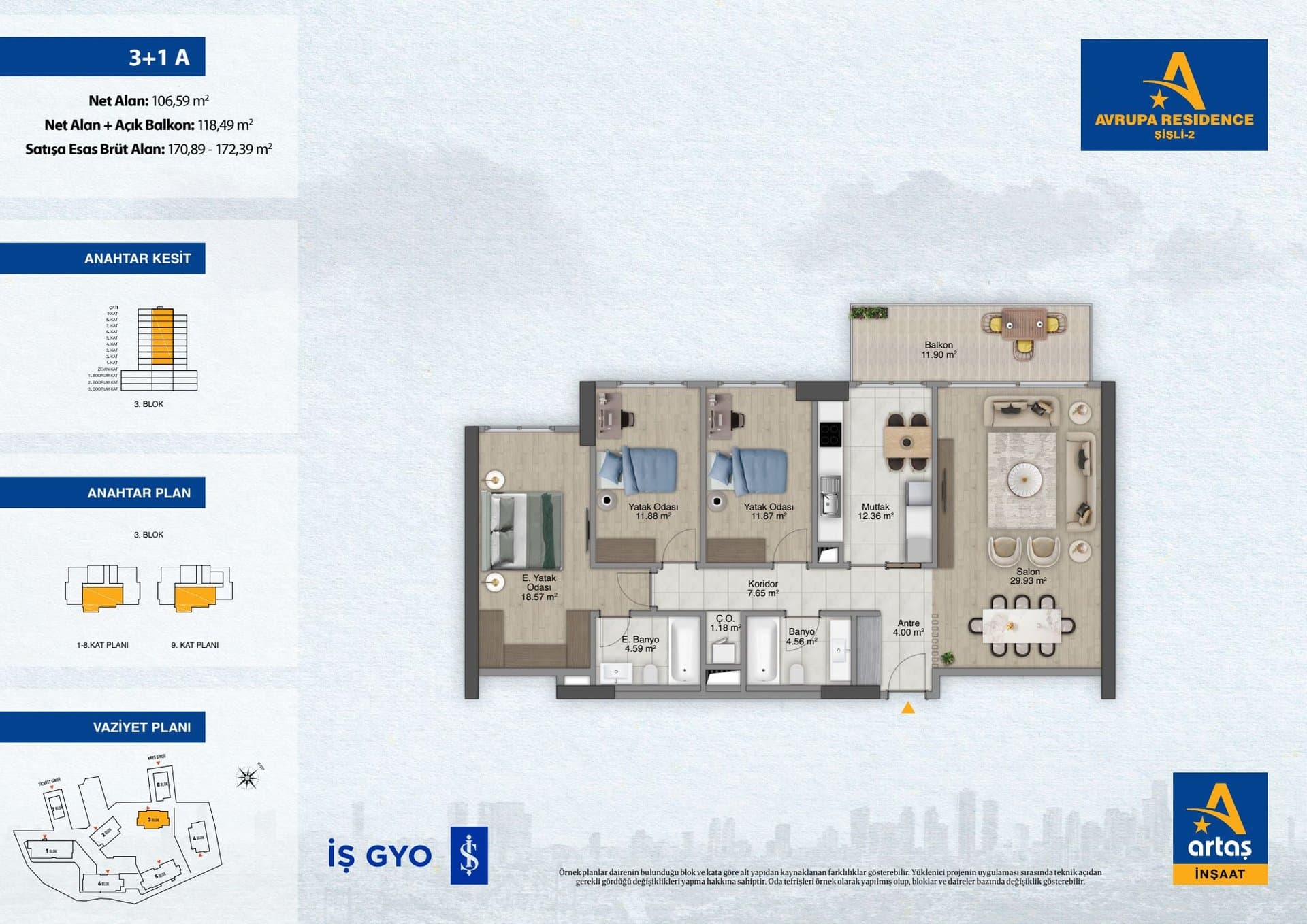 پروژه Avrupa Residence Sisli 2 – پلان 3+1 Type A