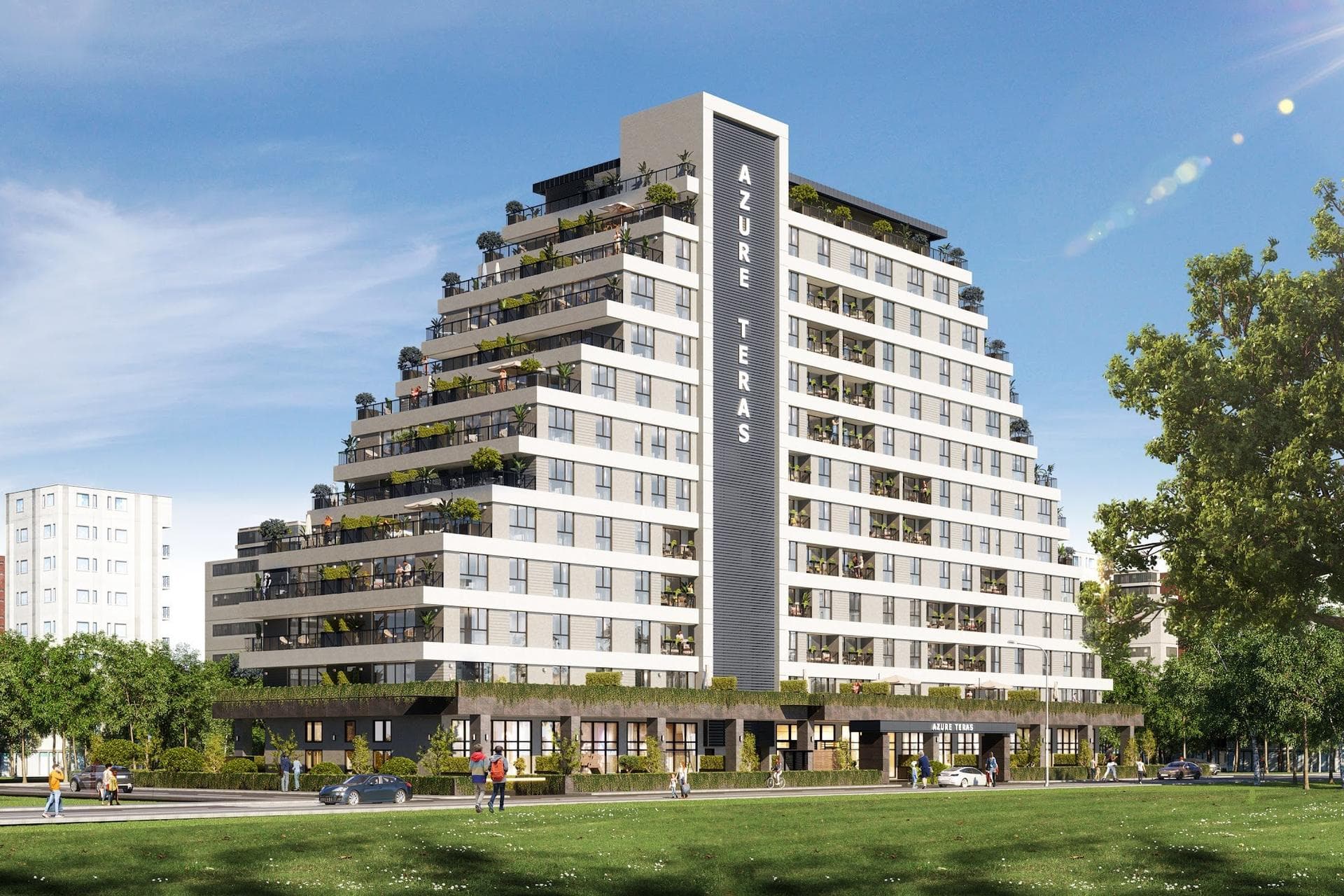The stepped residential building of Azure Teras, with planted terraces on every setback, seen across a park on a sunny day
