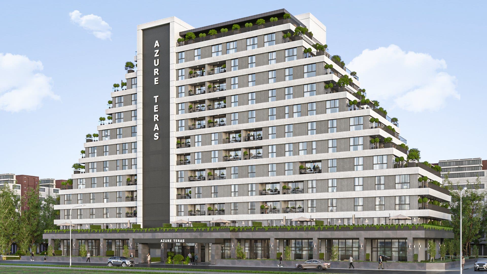 Street front of the building, with the vertical Azure Teras sign, terraced upper floors and a glazed ground floor
