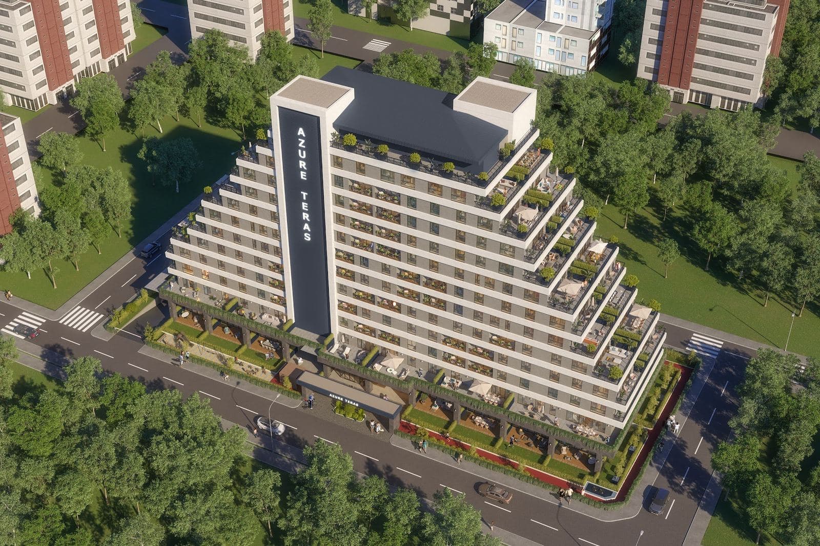 Aerial view of the building on its corner plot, its terraces stepping down toward the street and garden terraces at ground level