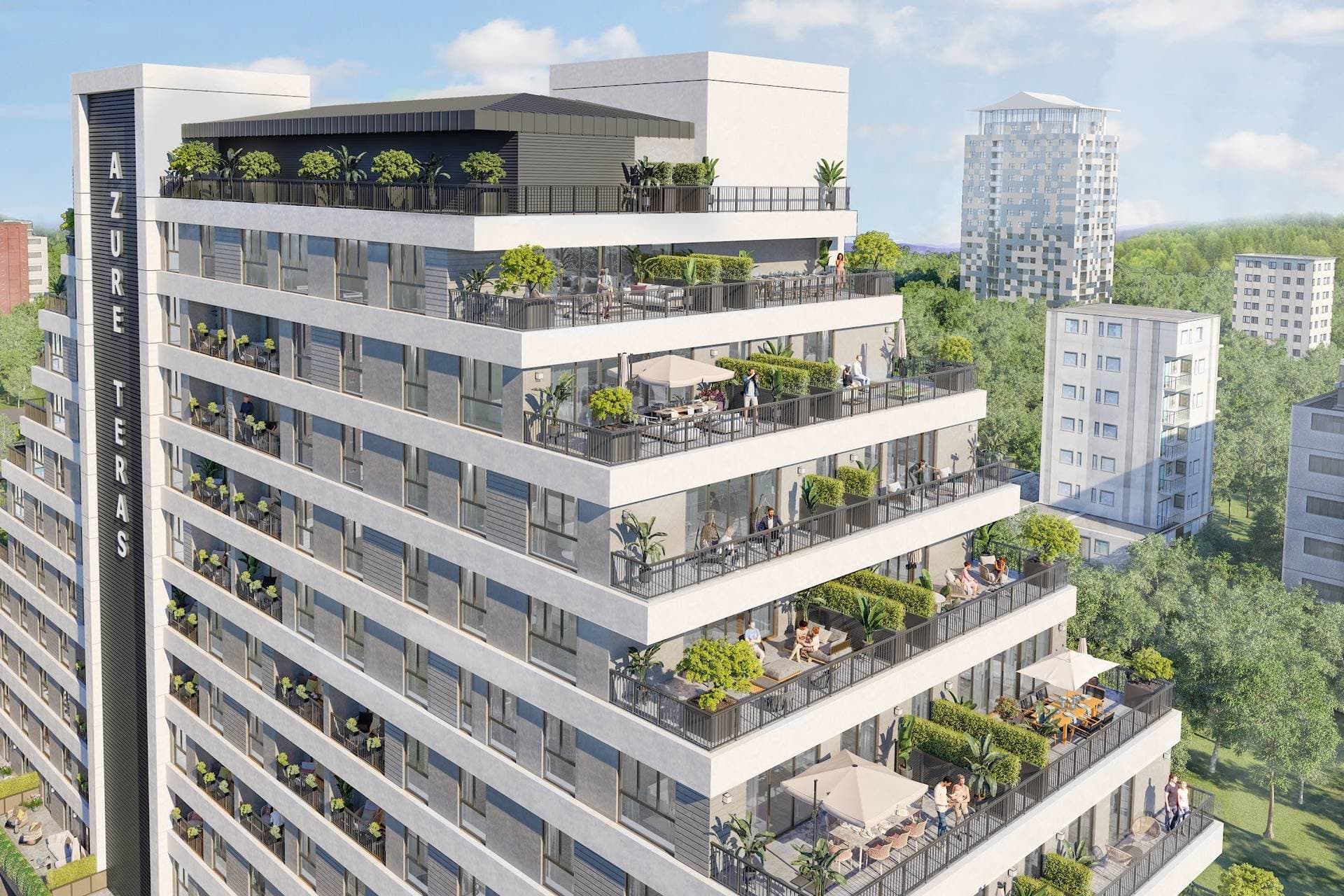 Upper floors where each setback forms a wide planted terrace with outdoor seating