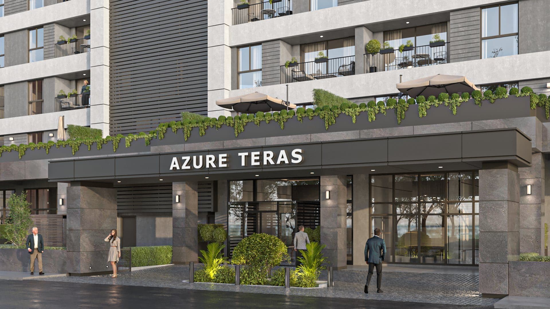 Main entrance under a canopy bearing the Azure Teras name, with planters and a planted terrace above