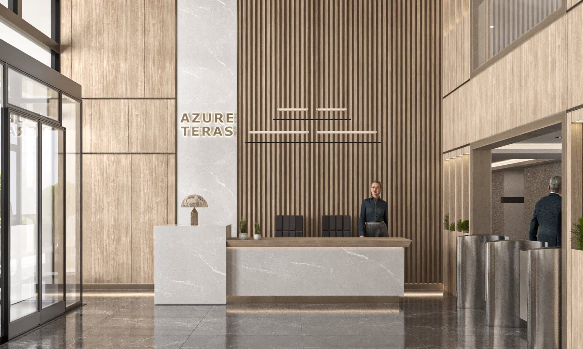 Entrance lobby with a reception desk, timber wall slats and turnstiles