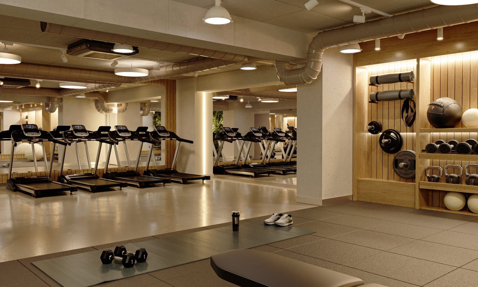 Fitness center with treadmills, free weights and timber shelving