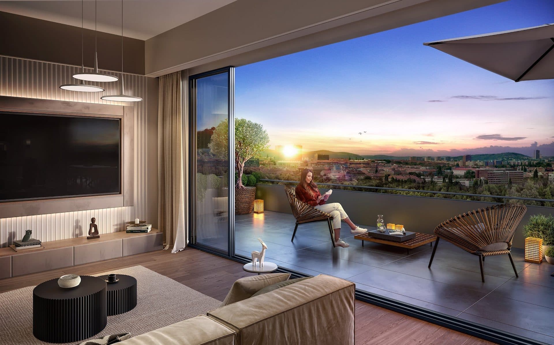 Living room opening through floor-to-ceiling glass onto a terrace at sunset