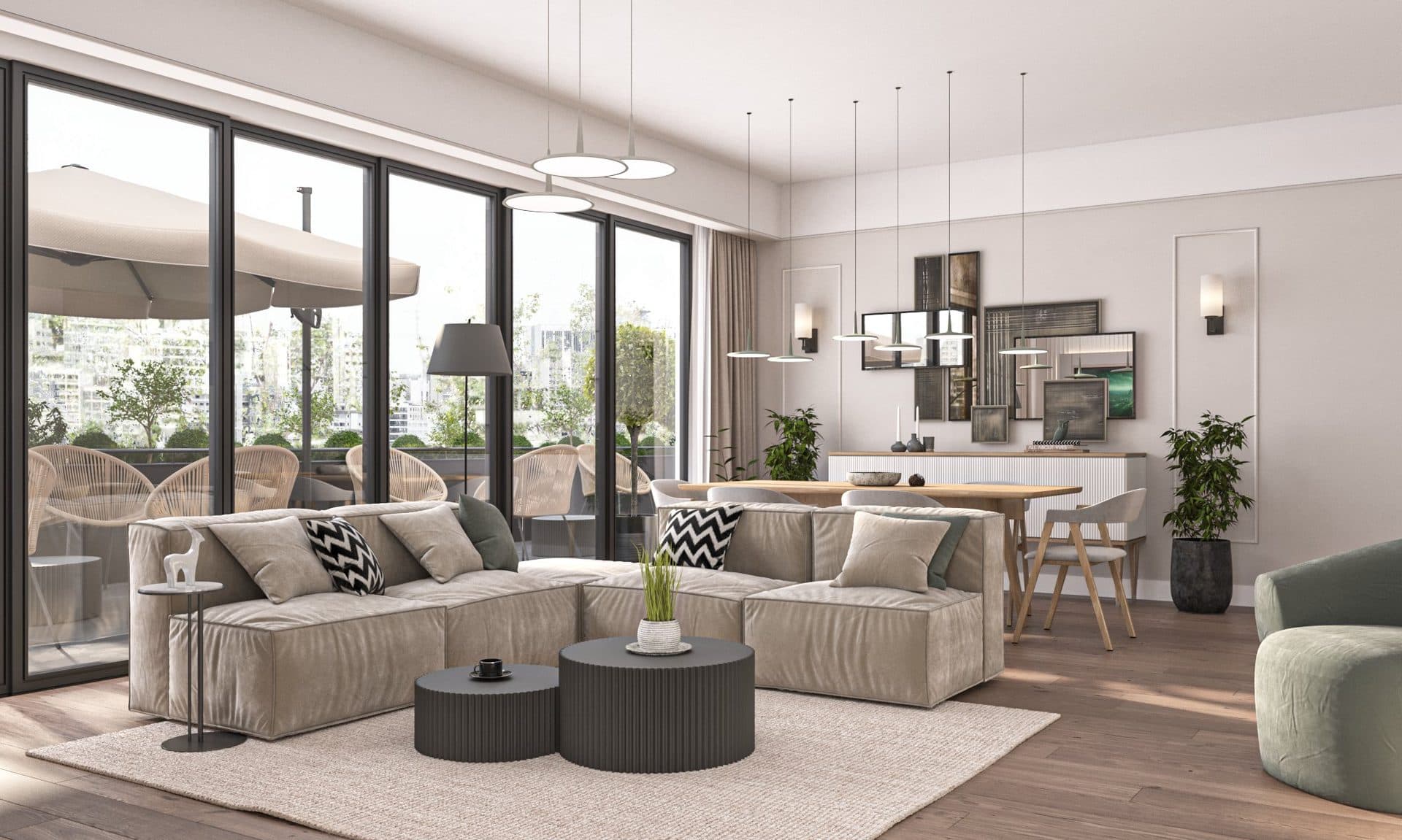 Living room with a corner sofa, a dining table behind it and full-height windows onto a terrace