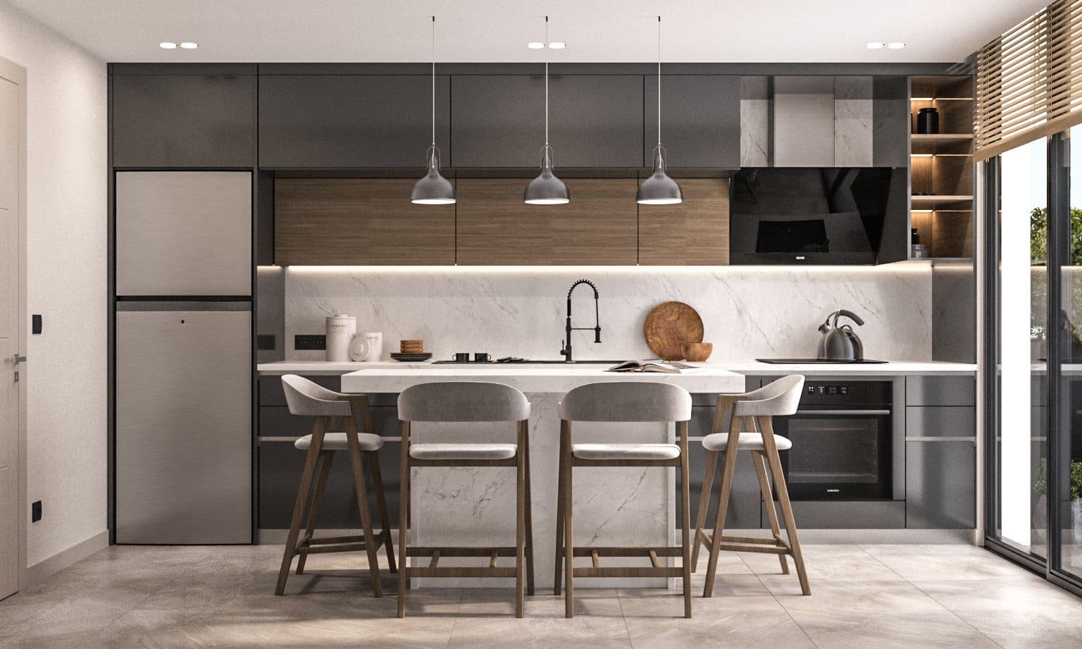 Kitchen with dark and wood-look cabinets, built-in appliances and a breakfast bar