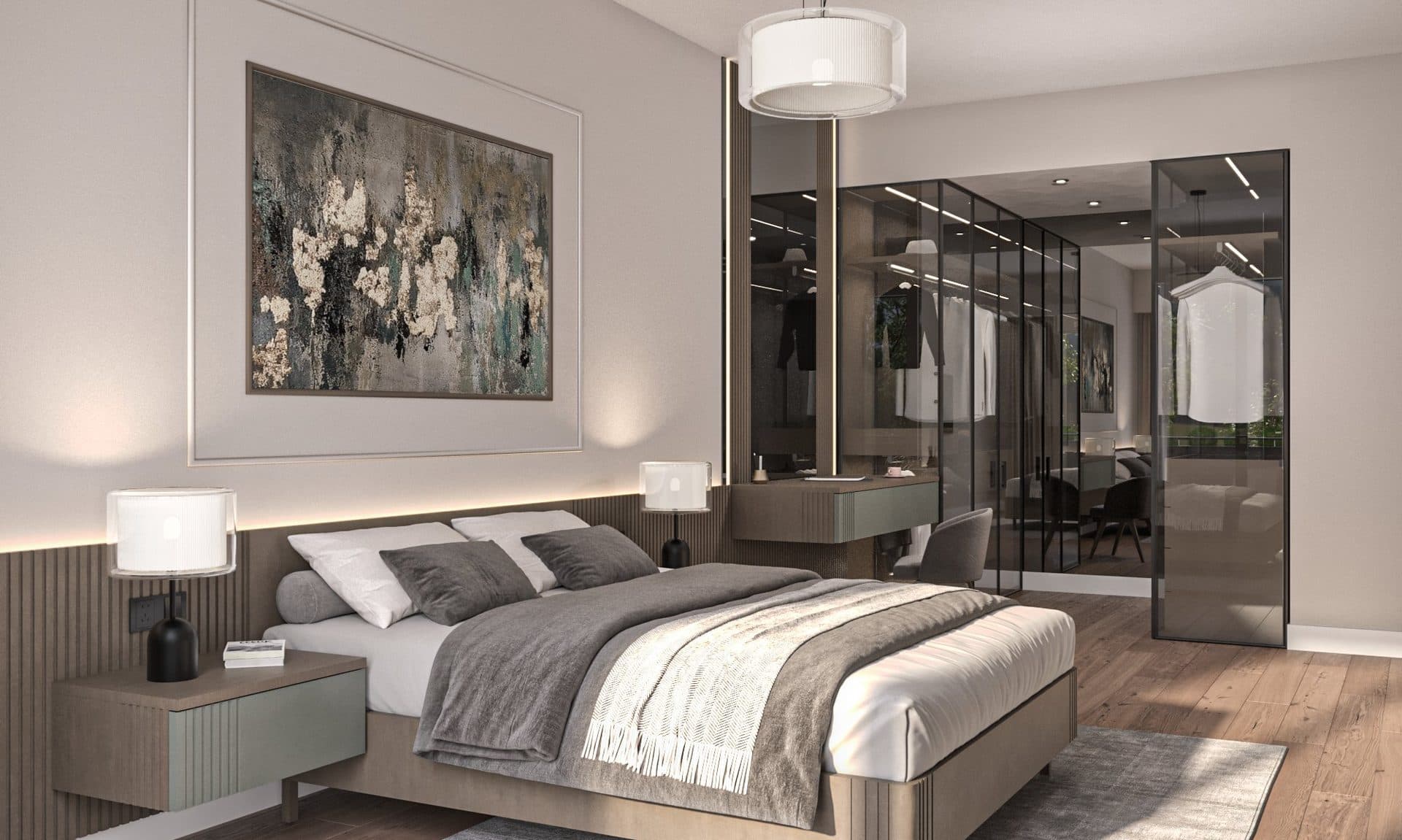 Bedroom with a large bed and a walk-in wardrobe behind glass doors
