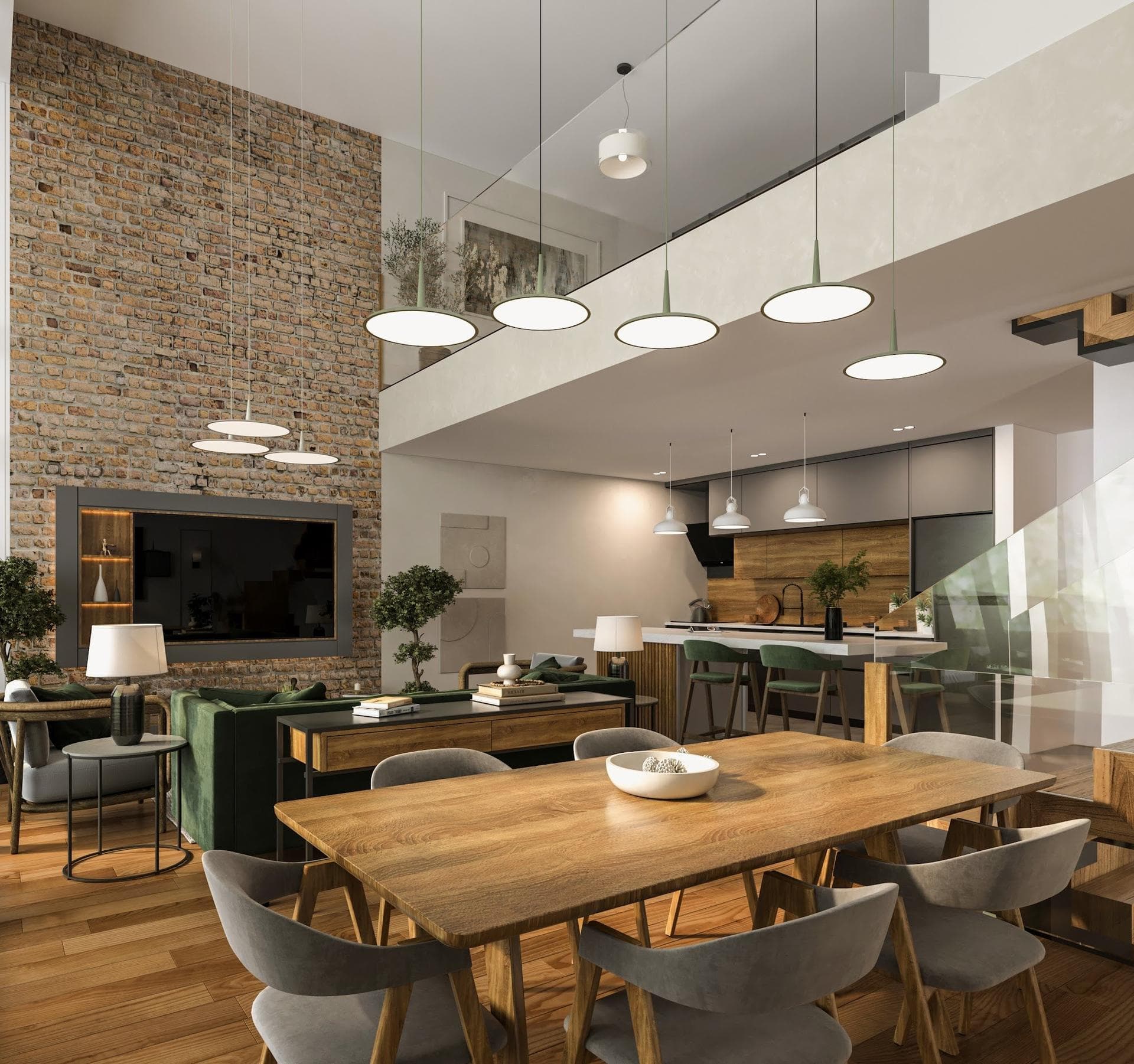 Double-height loft living and dining room with a brick feature wall, a mezzanine gallery and an open kitchen