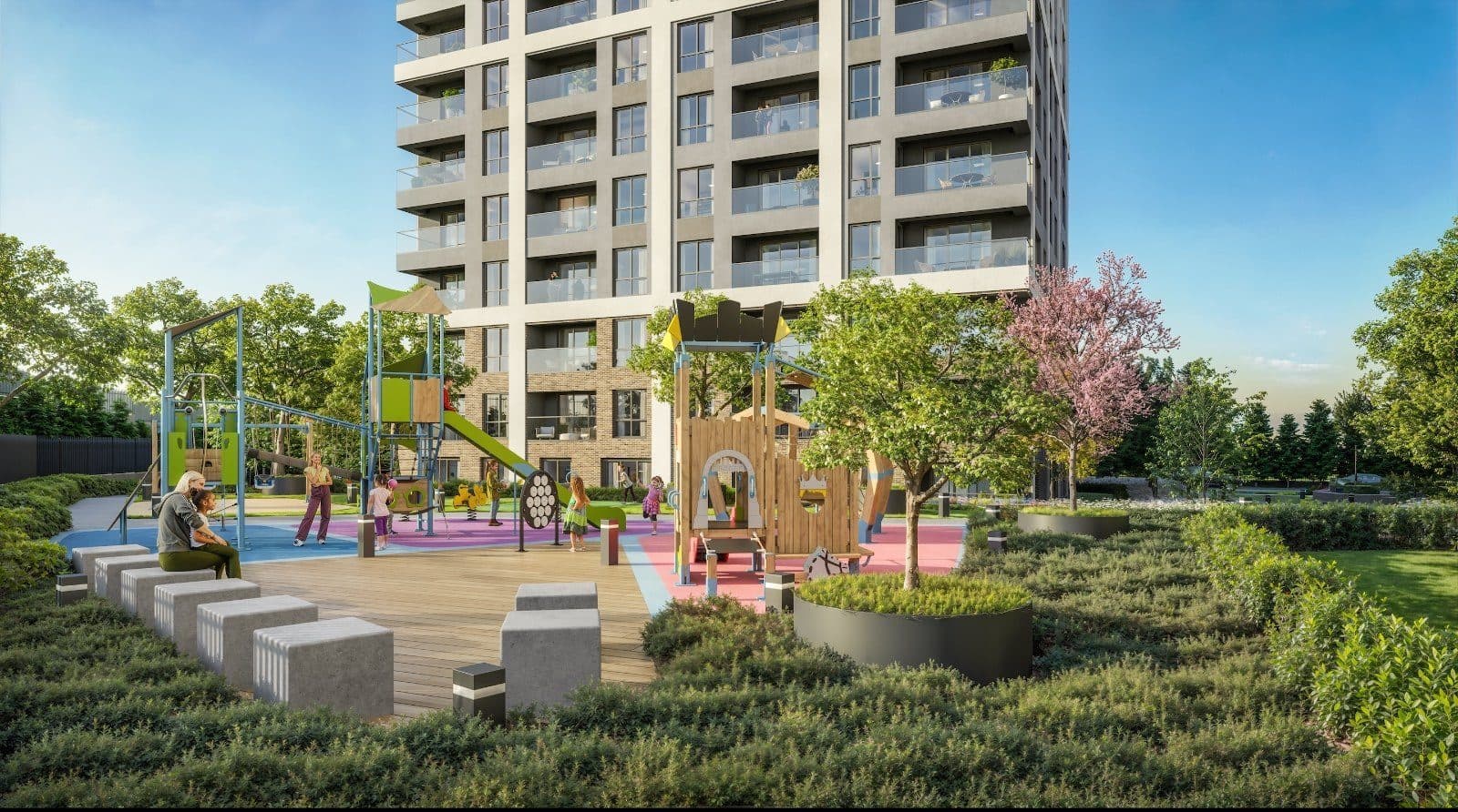 Children's playground with play towers and slides in a landscaped garden