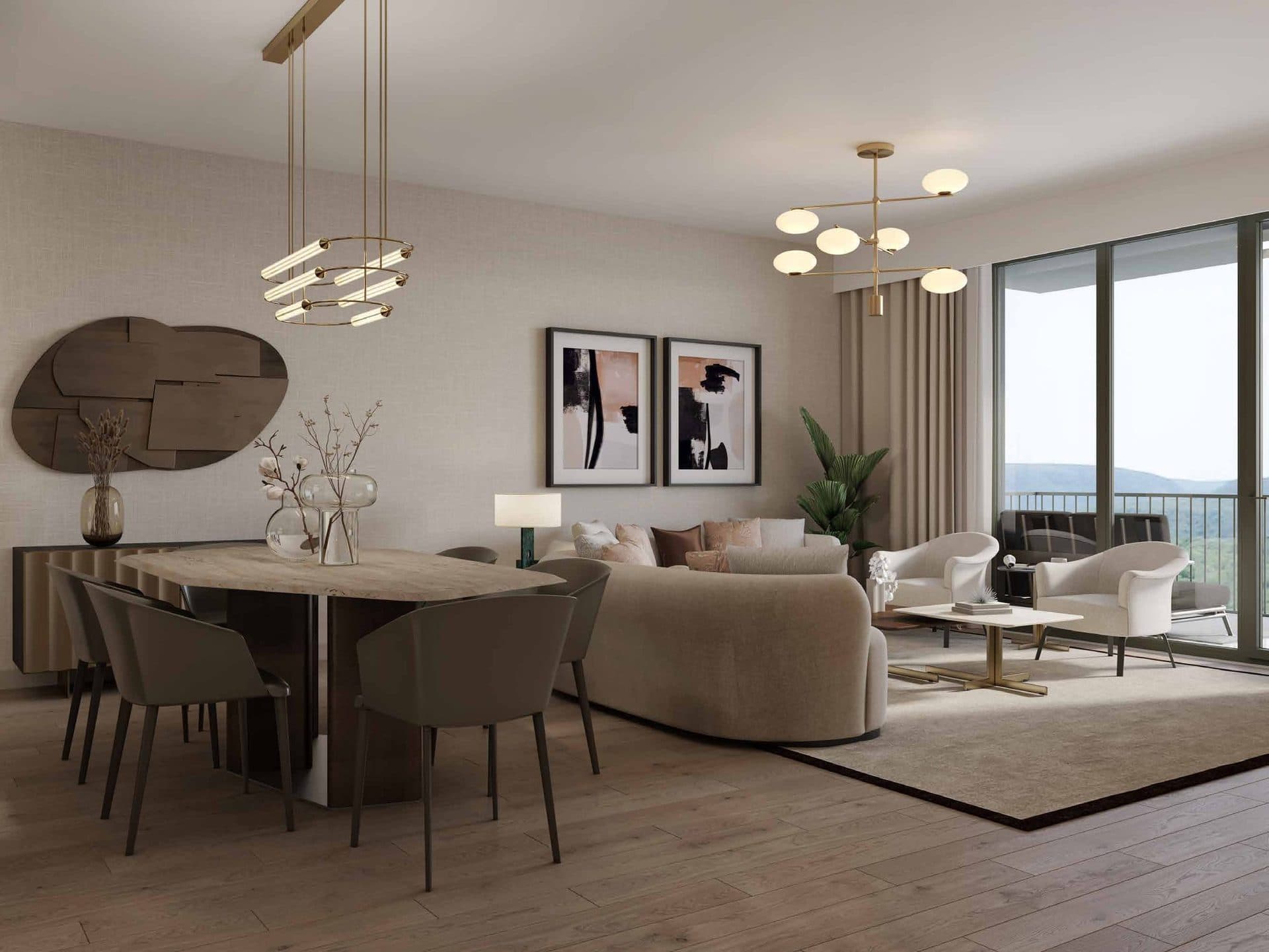 Living and dining area of a 3+1 apartment with floor-to-ceiling windows