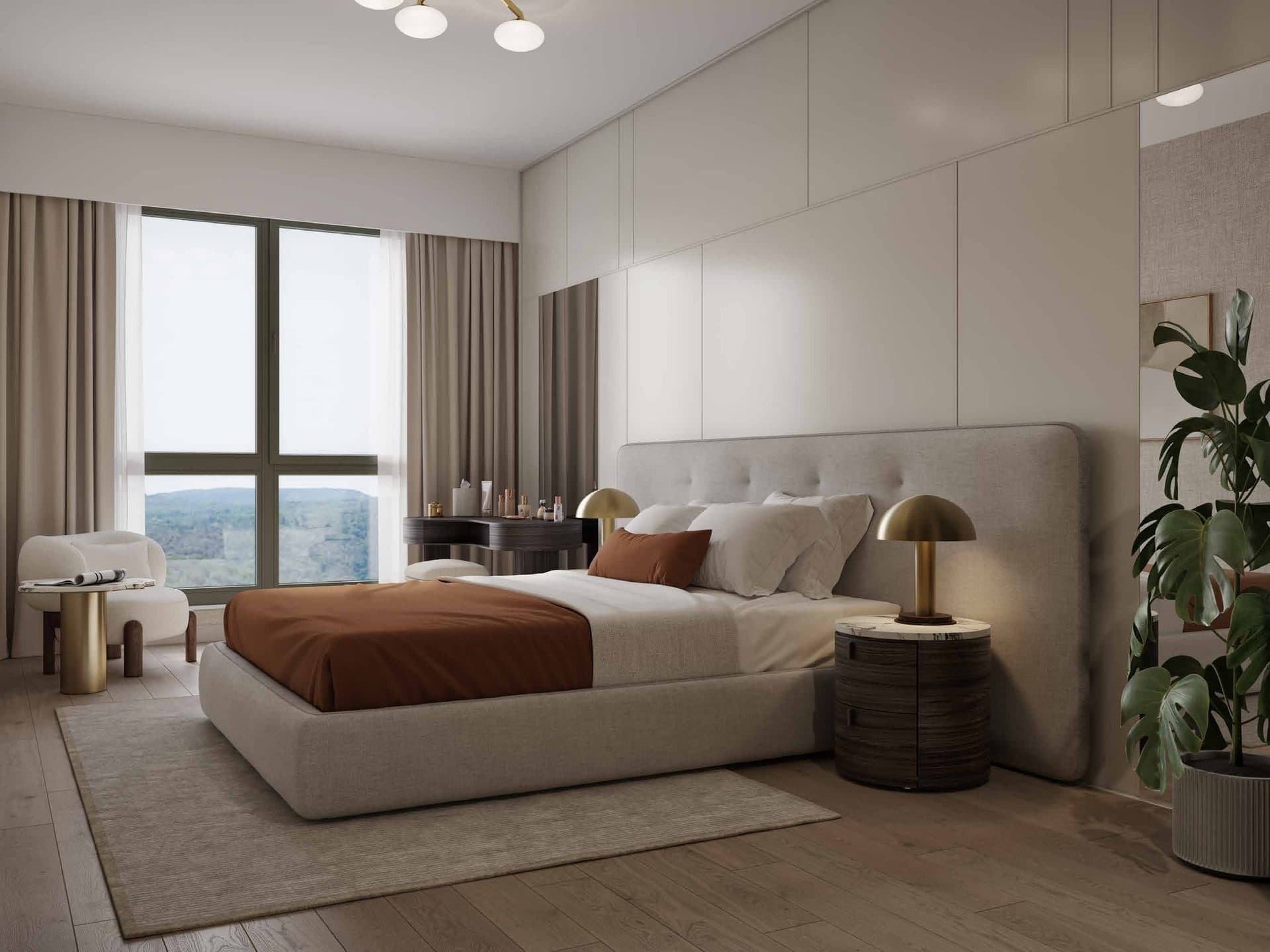Main bedroom with a double bed, a wardrobe wall and a large window