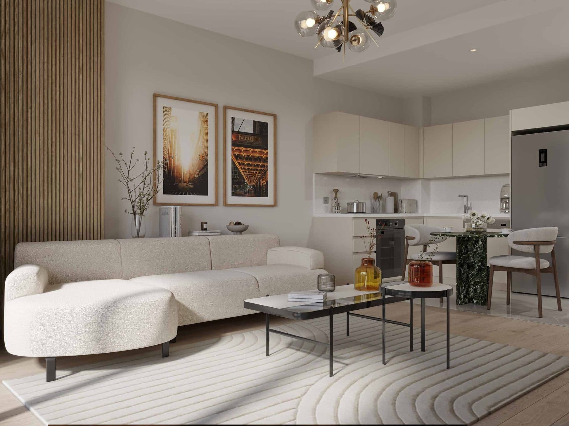 Living room with an open kitchen in a 1+1 apartment