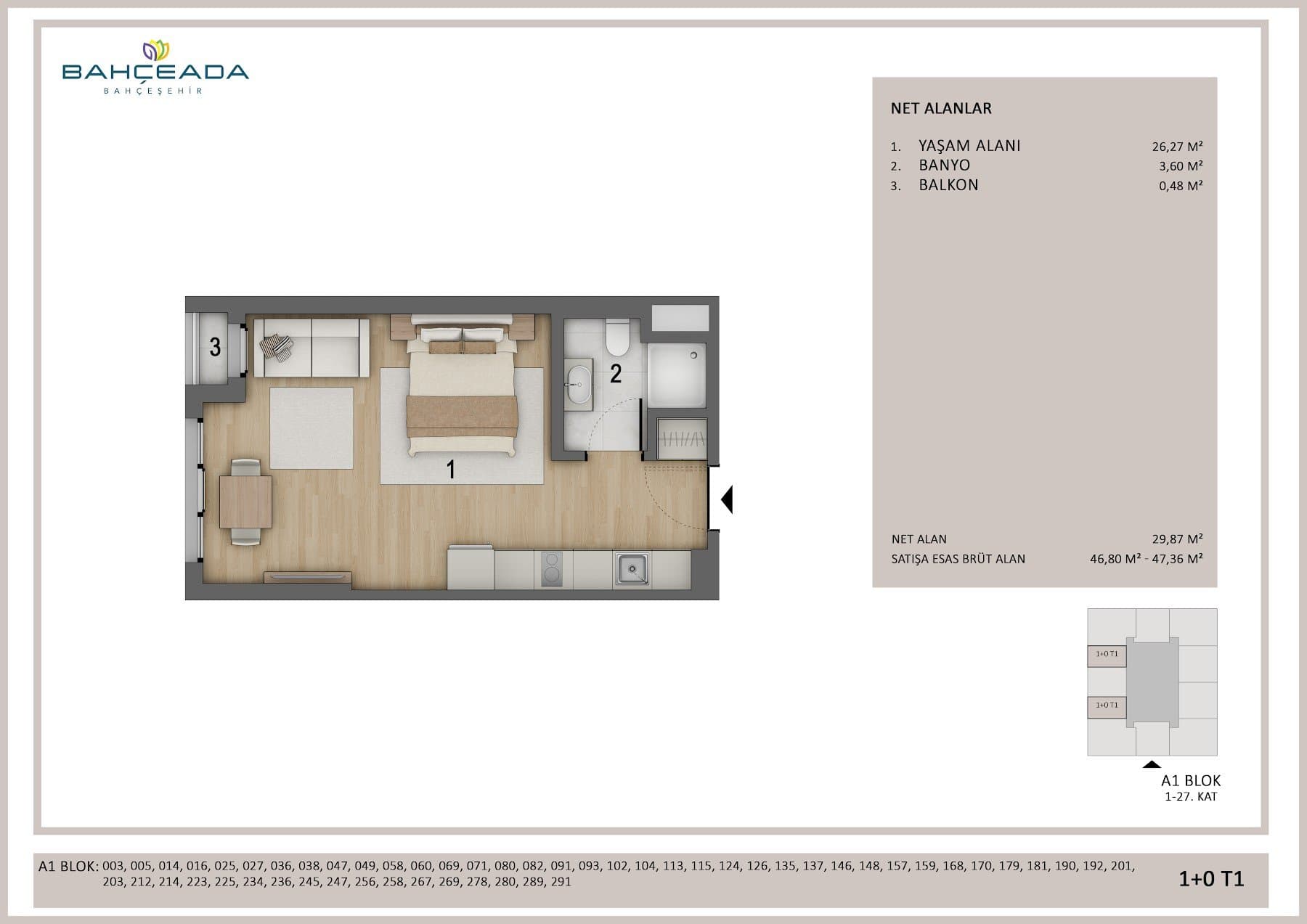 Bahceada Bahcesehir Project – 1+0 Type T1 floor plan