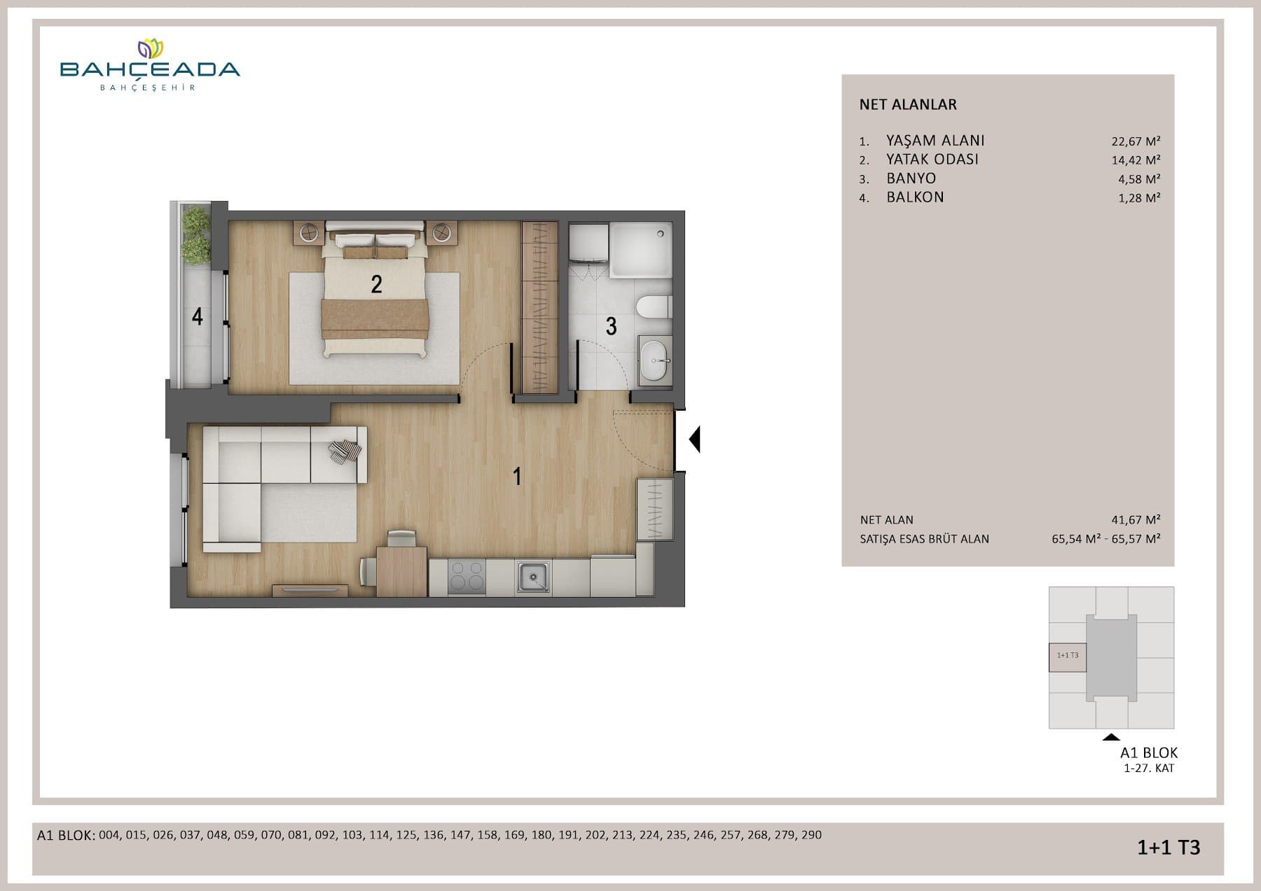 Bahceada Bahcesehir Project – 1+1 Type T3 floor plan
