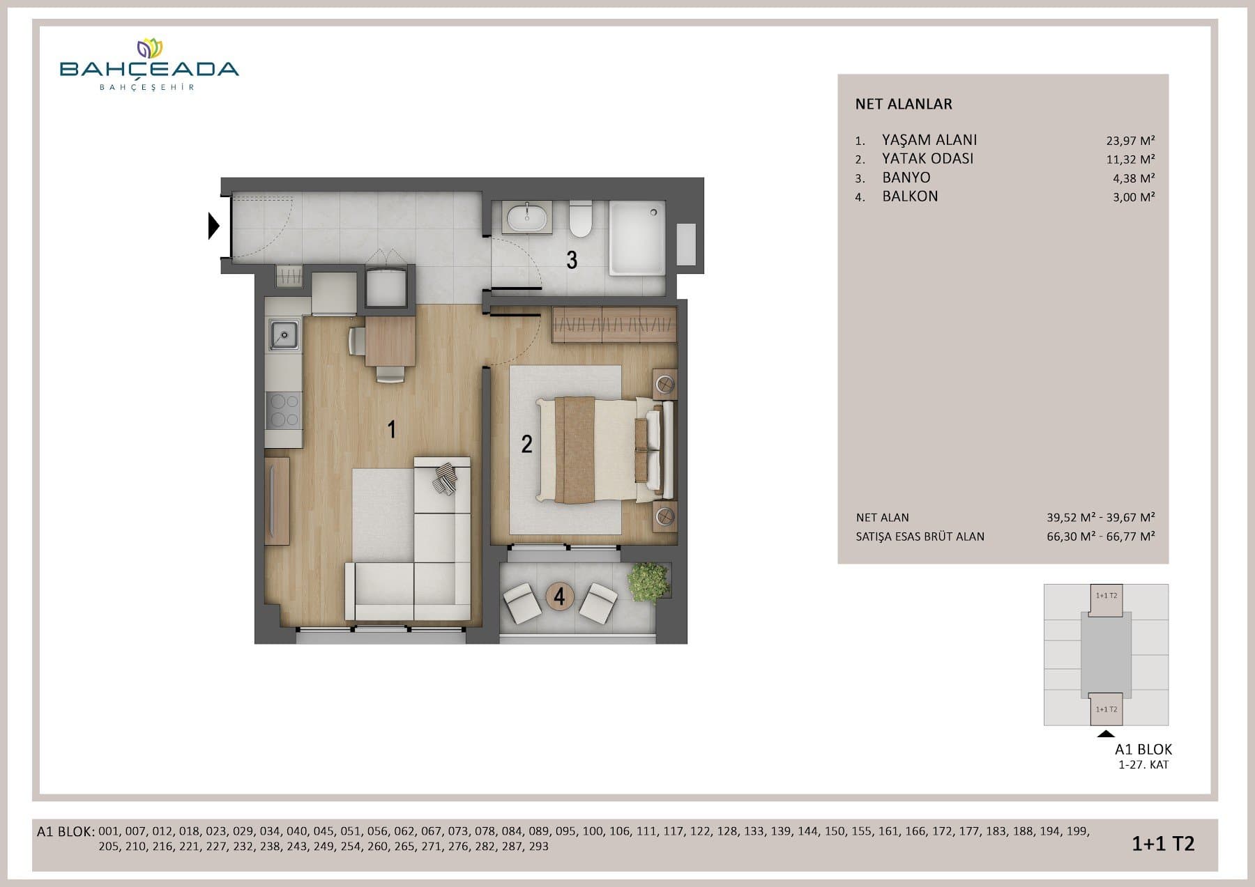 Bahceada Bahcesehir Project – 1+1 Type T2 floor plan