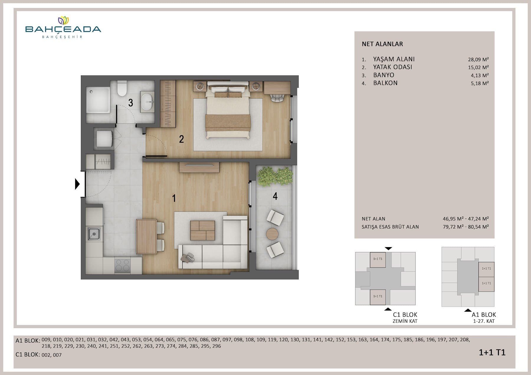 Bahceada Bahcesehir Project – 1+1 Type T1 floor plan