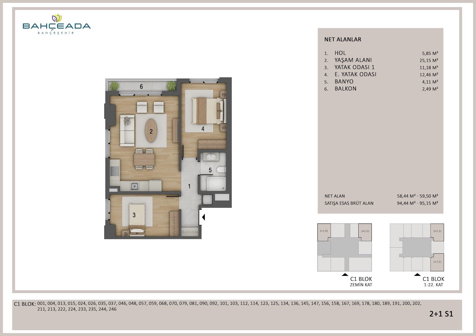Bahceada Bahcesehir Project – 2+1 Type S1 floor plan