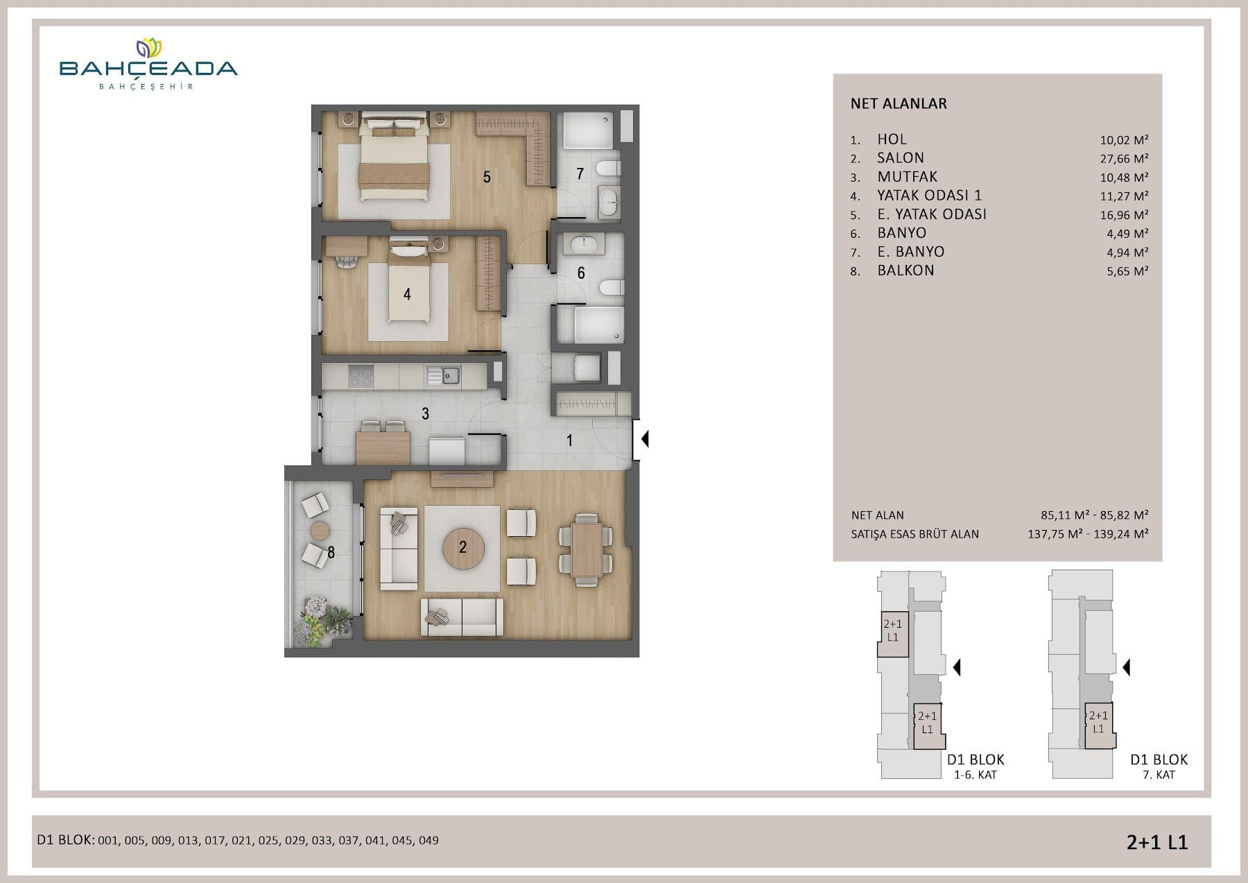 Bahceada Bahcesehir Project – 2+1 Type L1 floor plan
