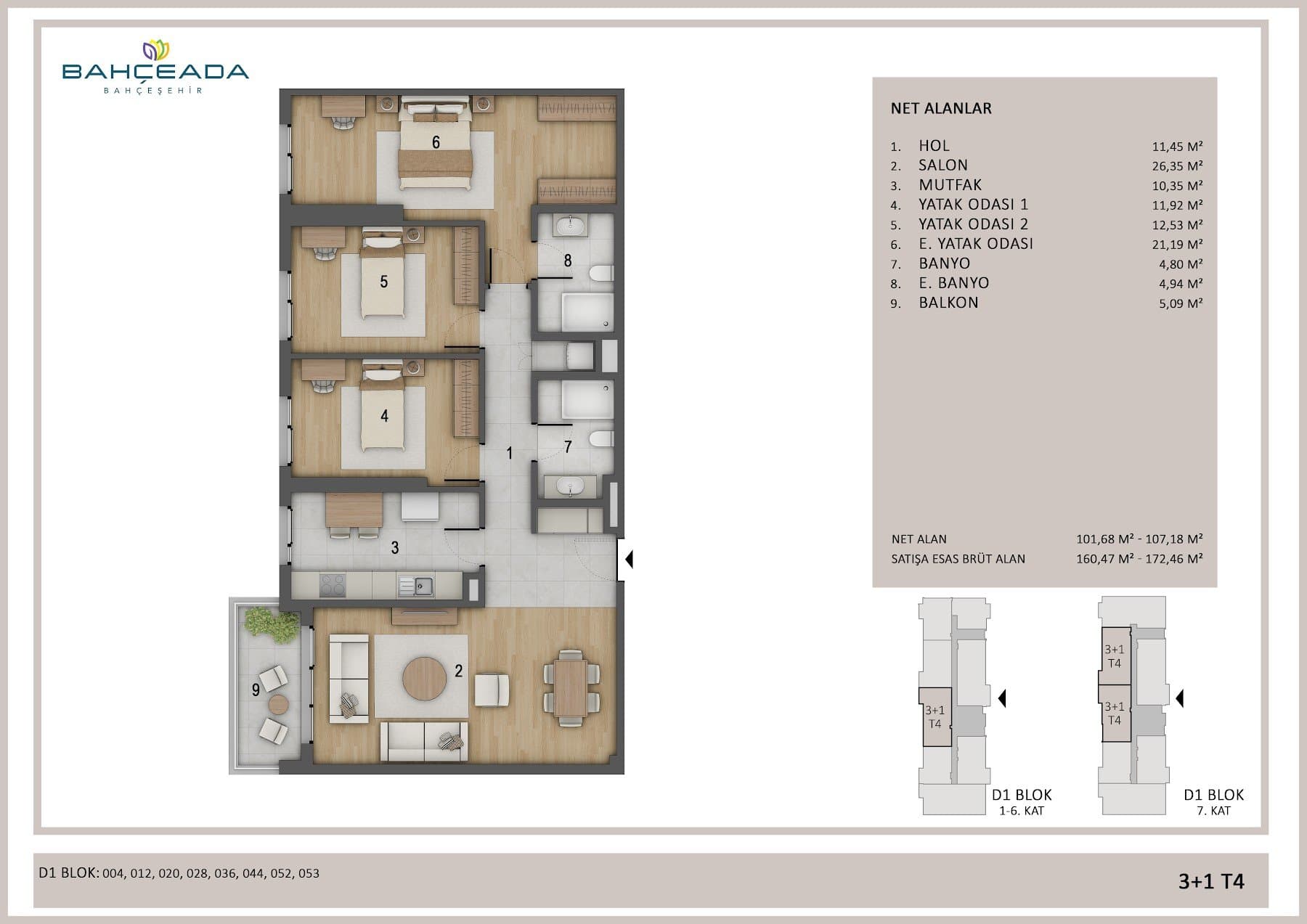 Bahceada Bahcesehir Project – 3+1 Type T4 floor plan