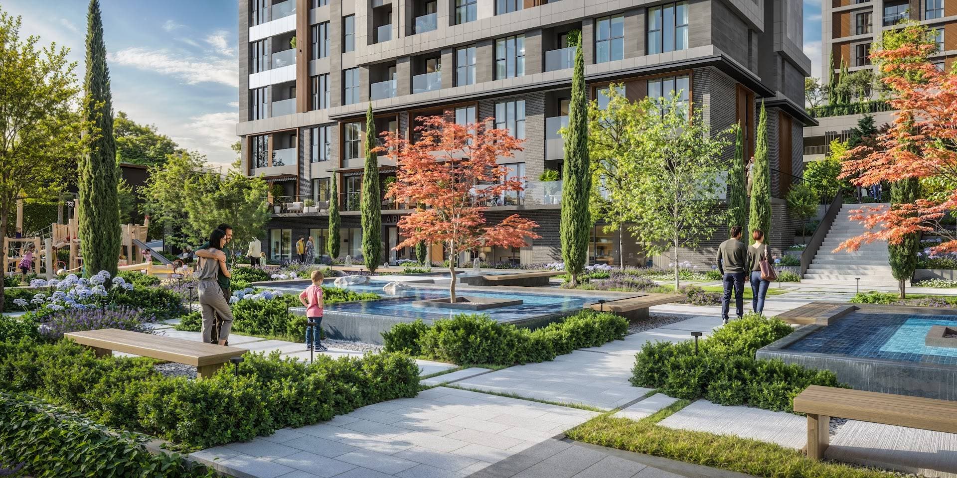 Inner garden with reflecting pools, cypress and maple trees and wooden benches below a residential block