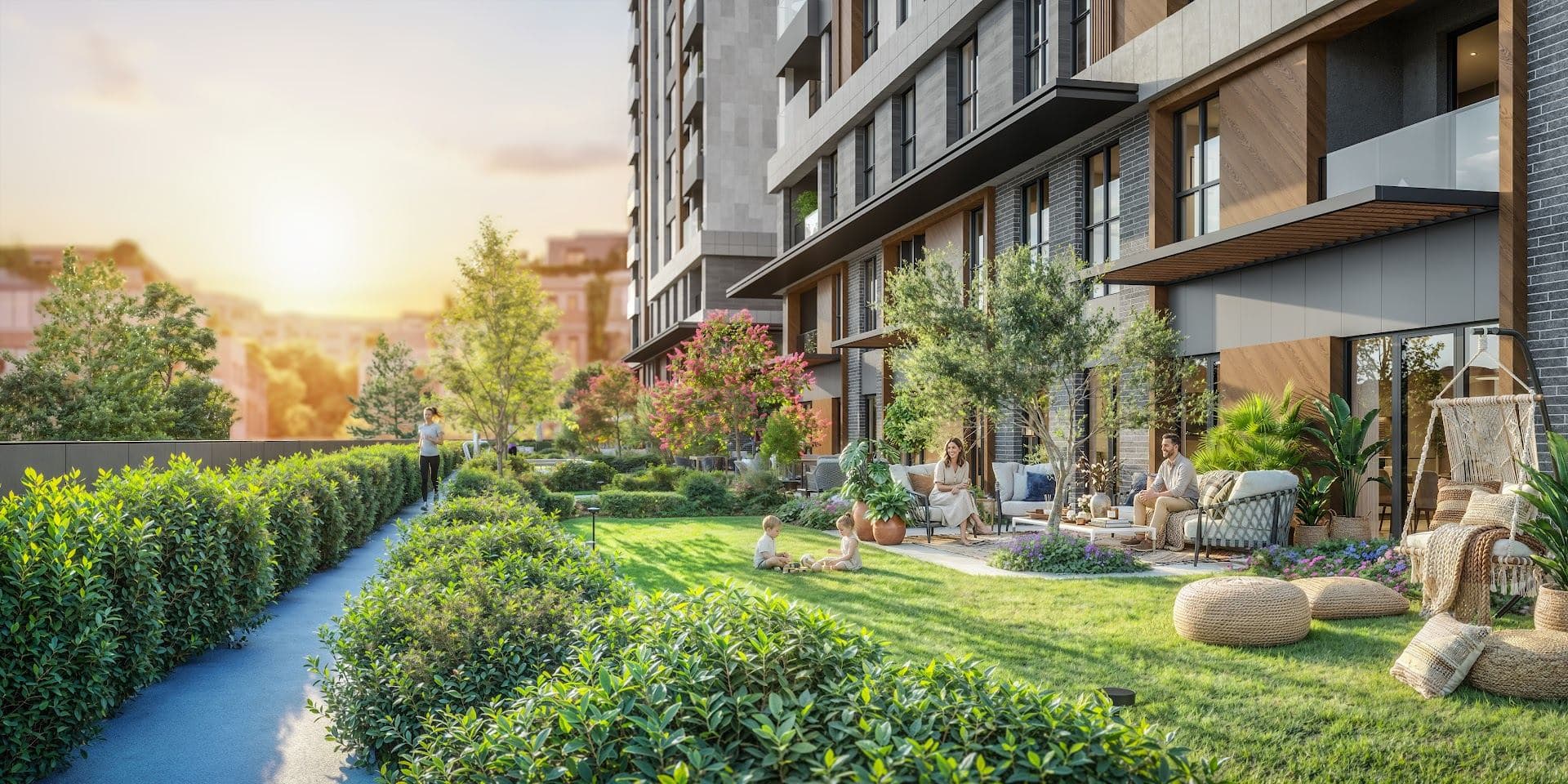 Lawn and terrace of a ground-floor home beside a hedged walking path along the block