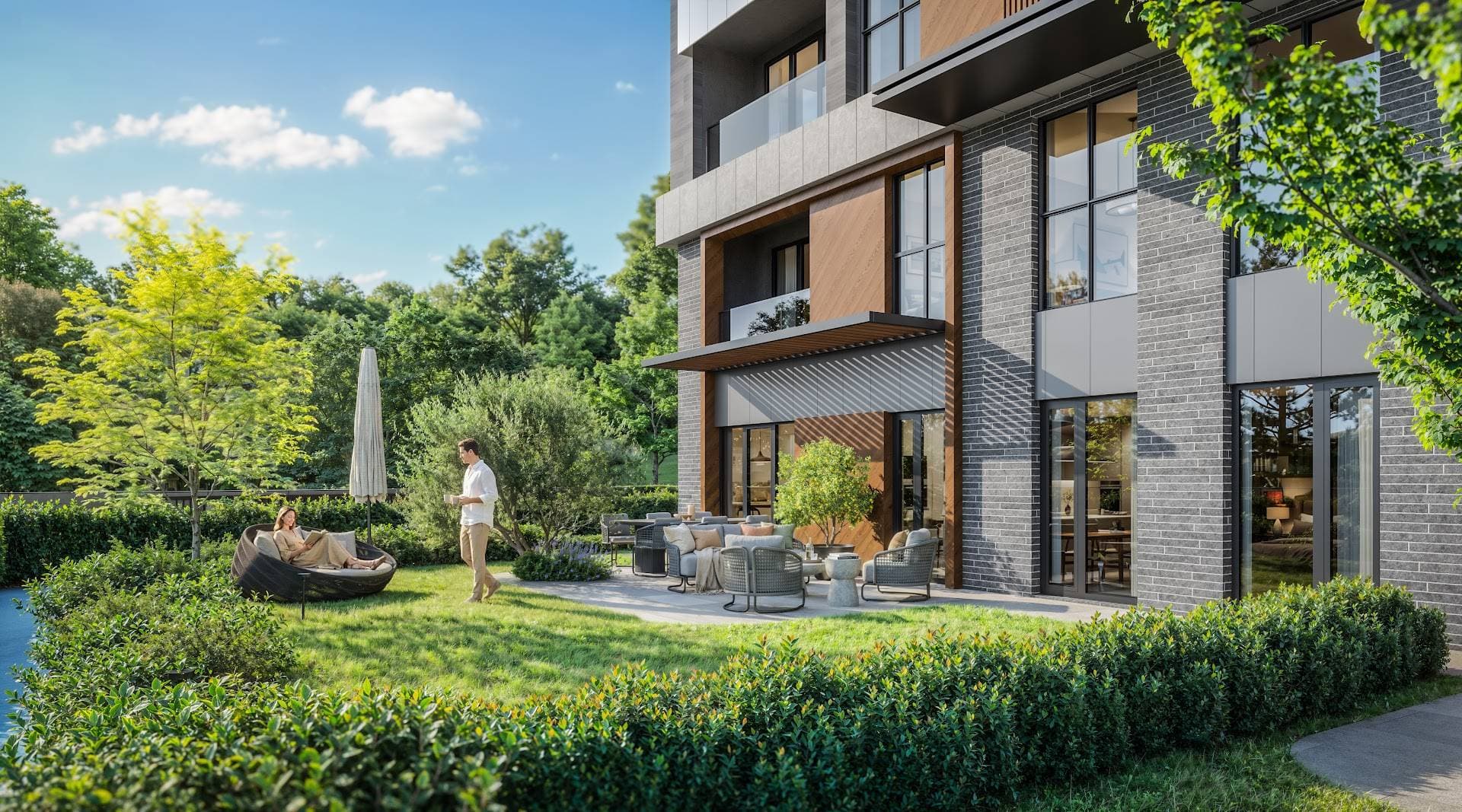 Private garden of a ground-floor home with an outdoor seating area under a timber pergola