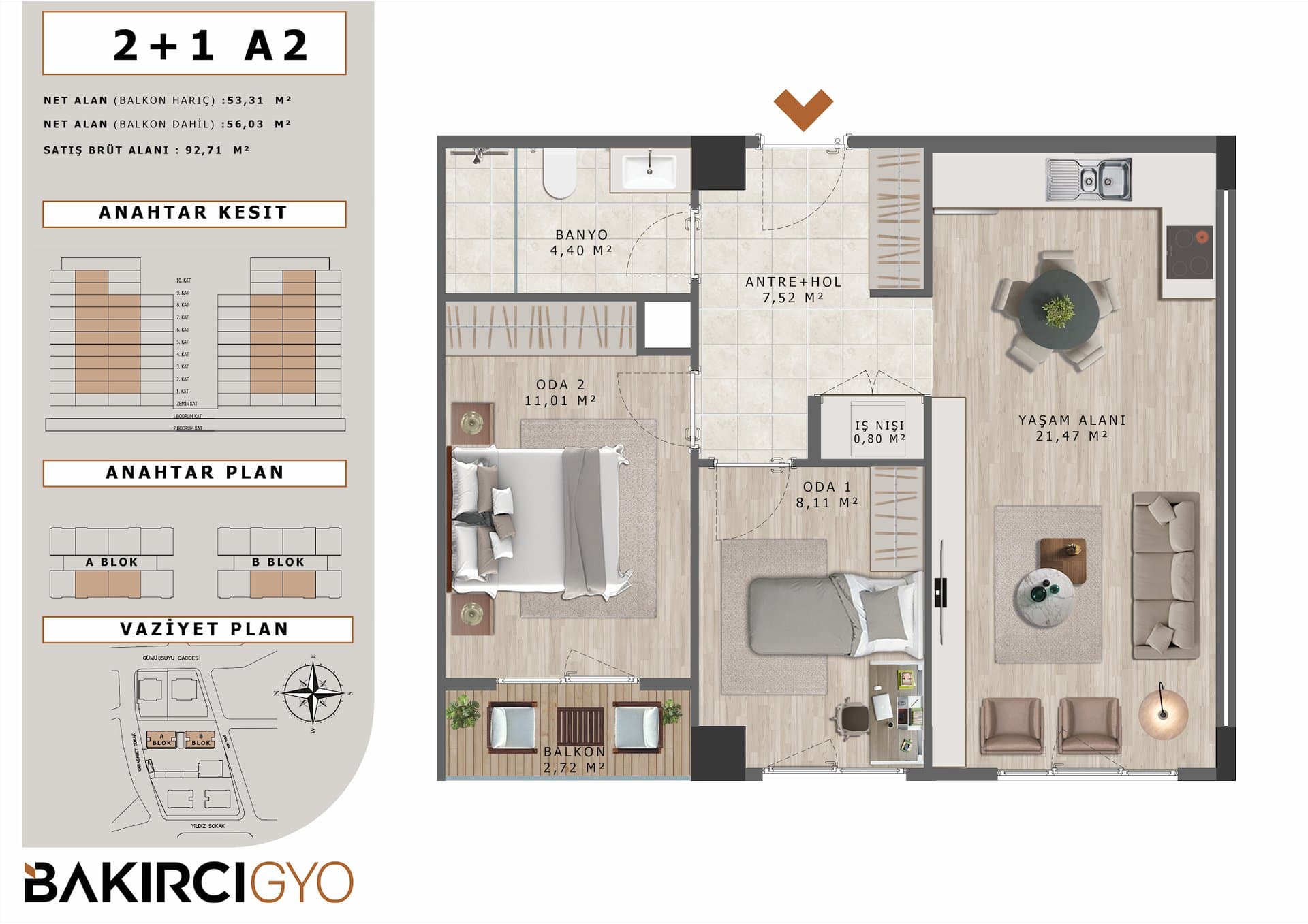 Bakirci Zenit Topkapi Project – 2+1 Type A2 floor plan