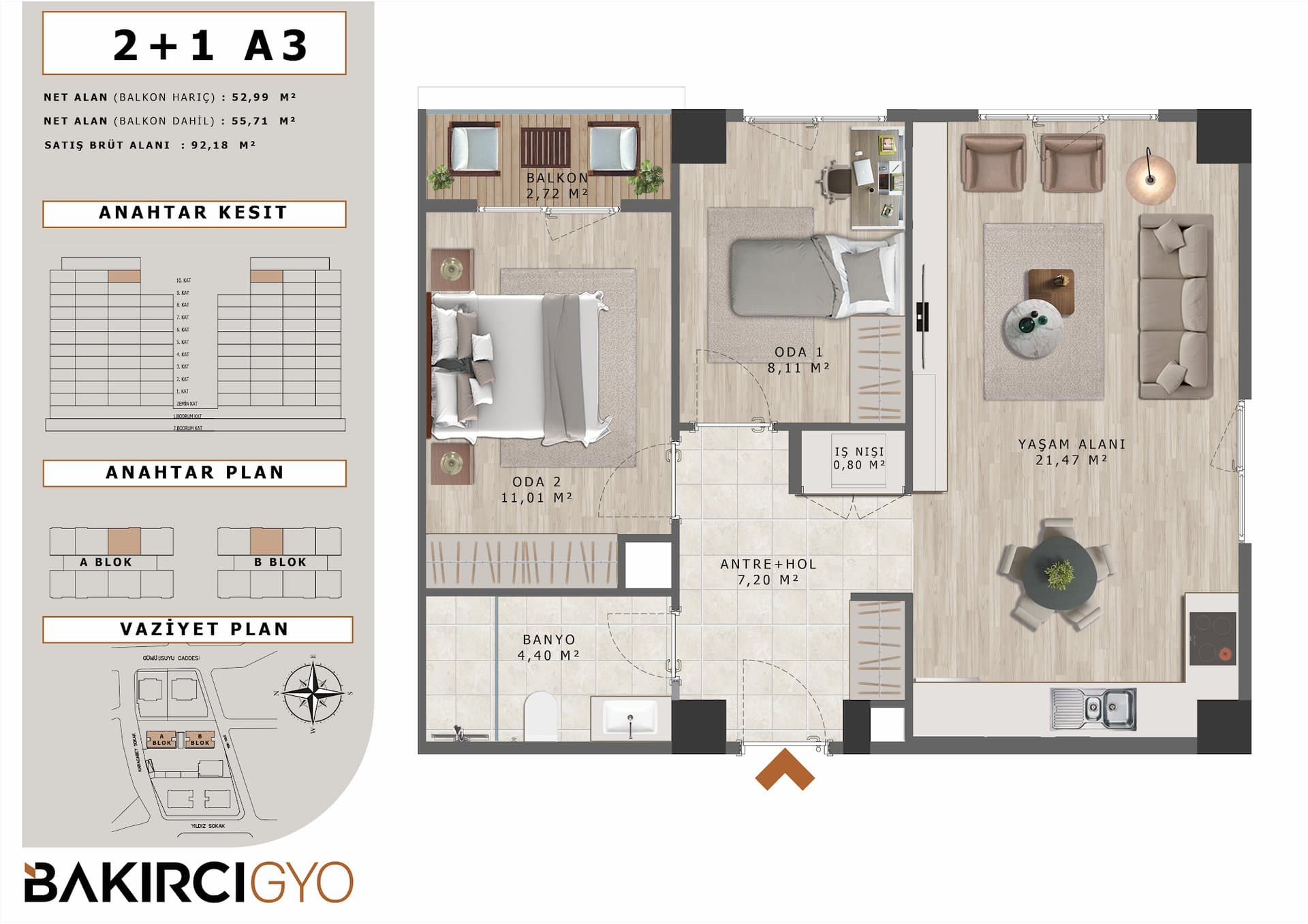 Bakirci Zenit Topkapi Project – 2+1 Type A3 floor plan