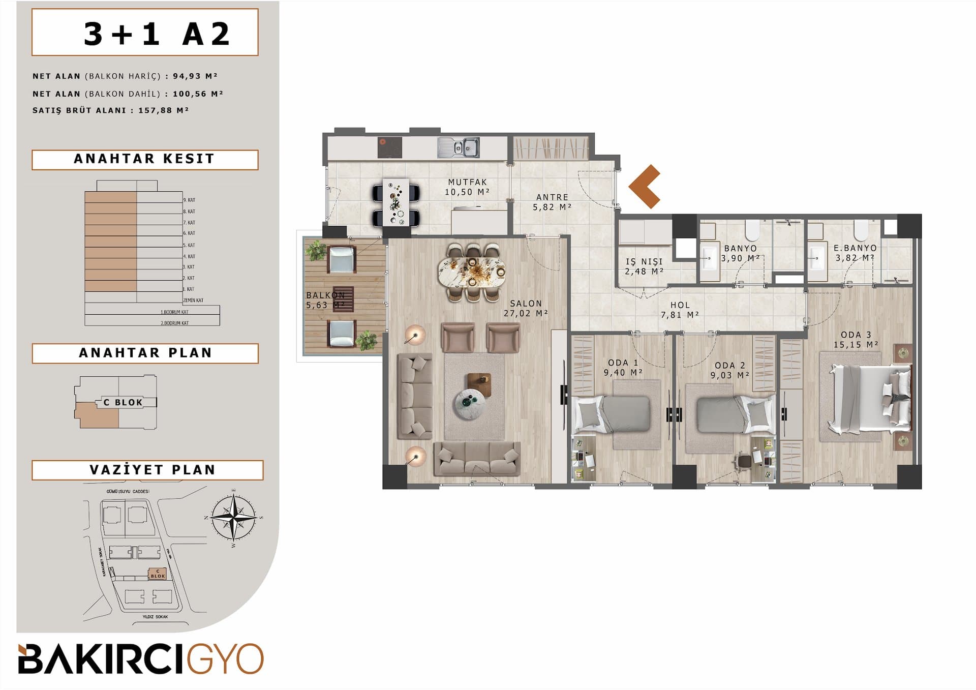 Bakirci Zenit Topkapi Project – 3+1 Type A2 floor plan